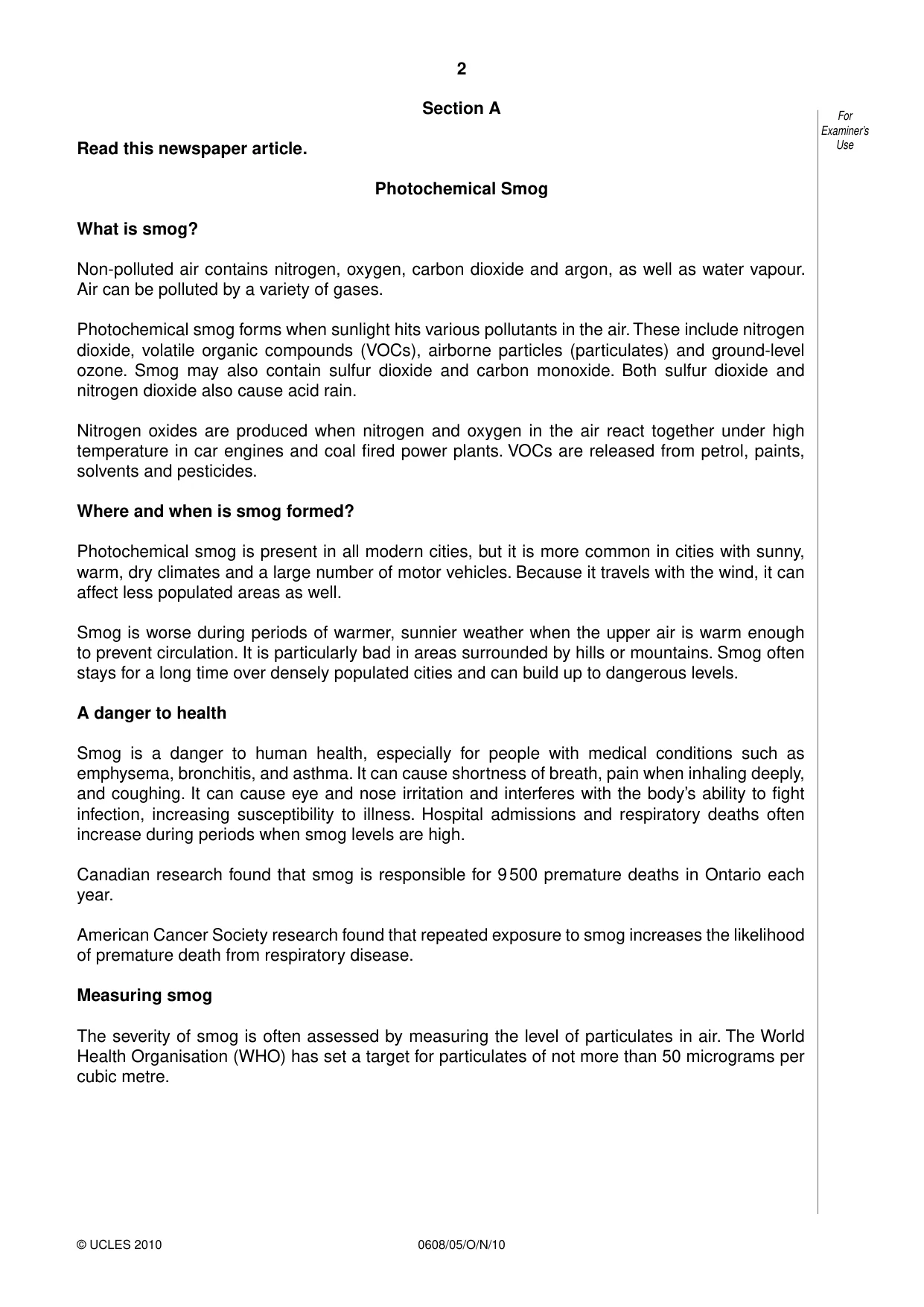 Cambridge IGCSE Twenty-First Century Science 0608 2010 Oct/Nov Paper 5 · Variant 1 question paper, page 2 of 16