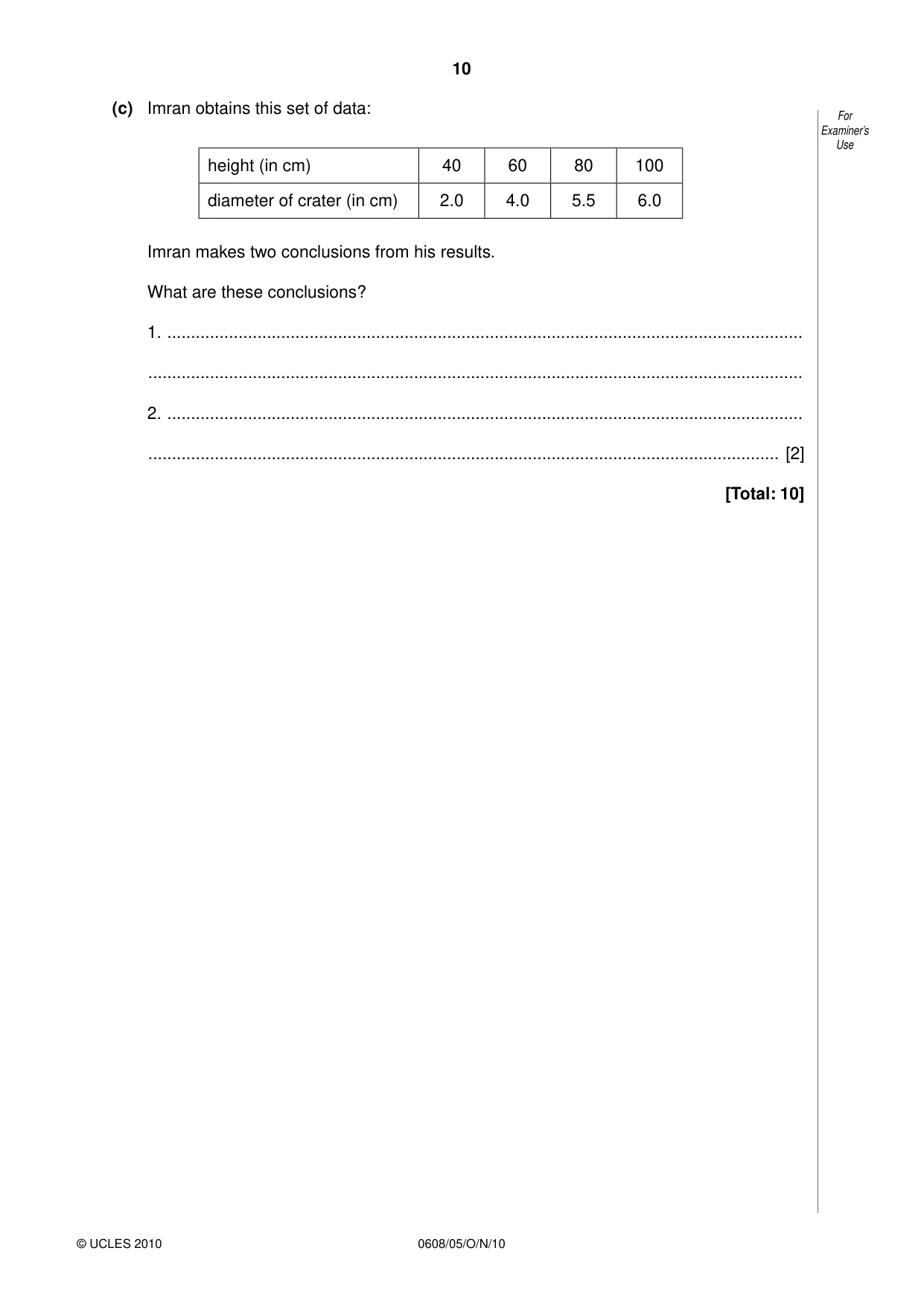 Cambridge IGCSE Twenty-First Century Science 0608 2010 Oct/Nov Paper 5 · Variant 1 question paper, page 10 of 16