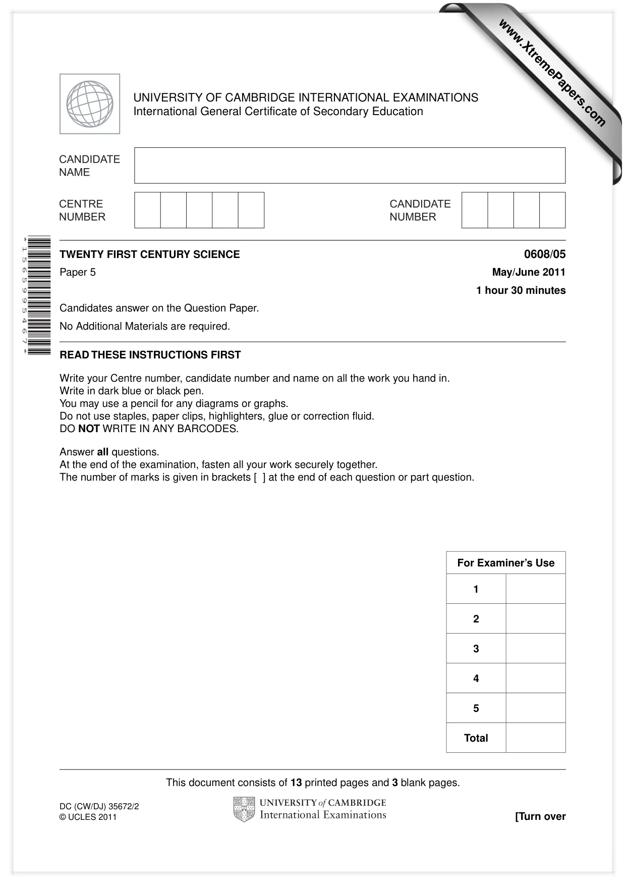 Cambridge IGCSE Twenty-First Century Science 0608 2011 May/June Paper 5 · Variant 1 question paper, page 1 of 16