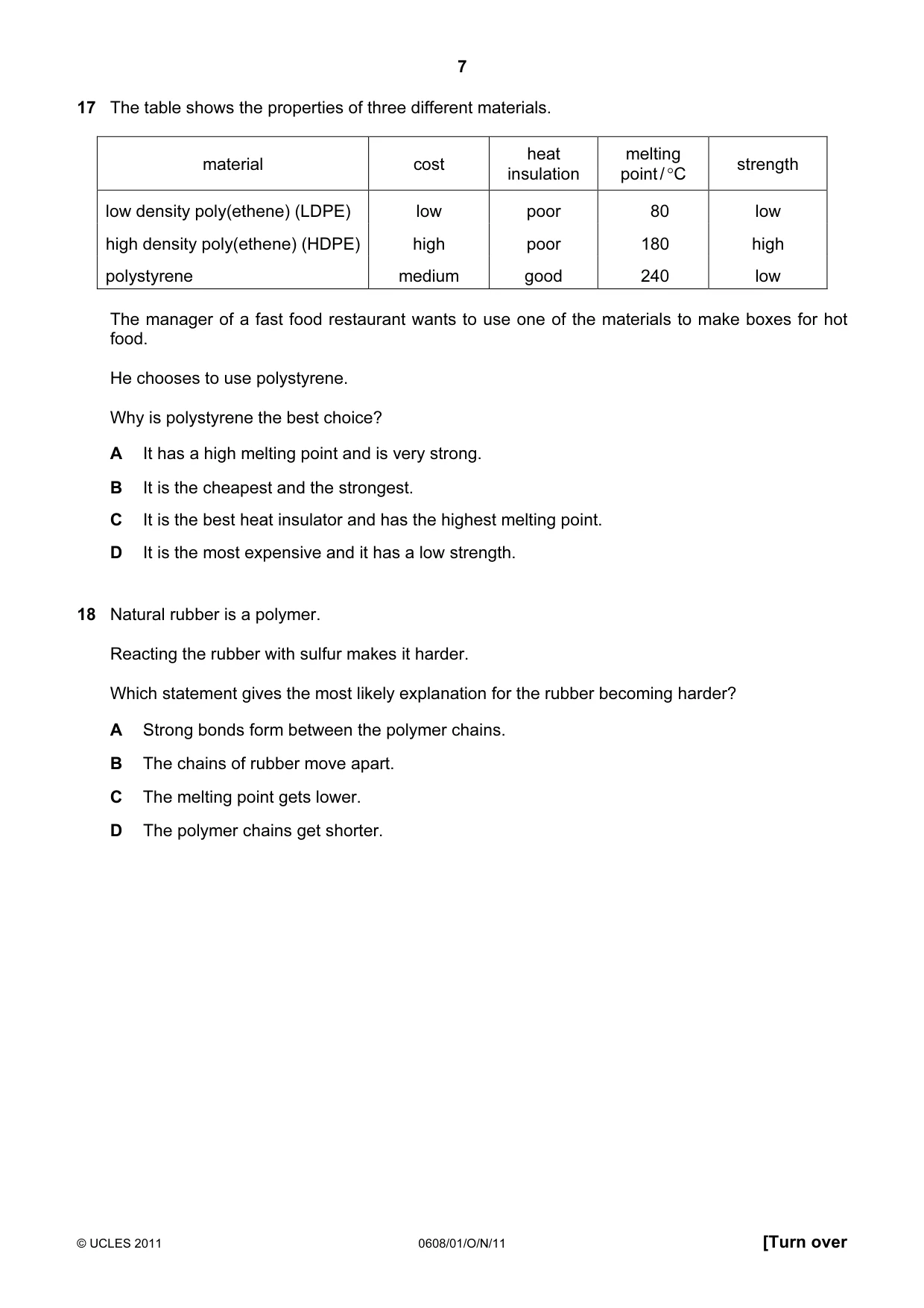 Cambridge IGCSE Twenty-First Century Science 0608 2011 Oct/Nov Paper 1 · Variant 1 question paper, page 7 of 16