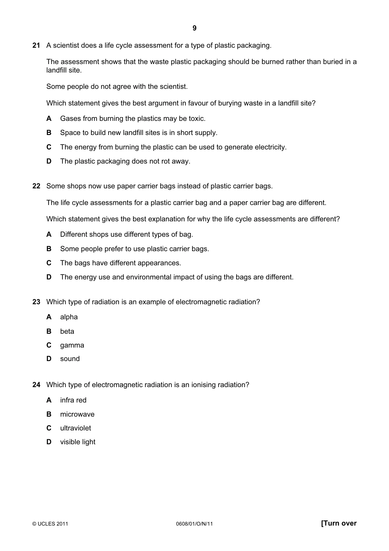 Cambridge IGCSE Twenty-First Century Science 0608 2011 Oct/Nov Paper 1 · Variant 1 question paper, page 9 of 16