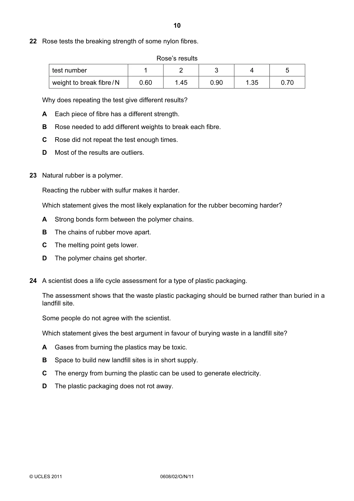 Cambridge IGCSE Twenty-First Century Science 0608 2011 Oct/Nov Paper 2 · Variant 1 question paper, page 10 of 16