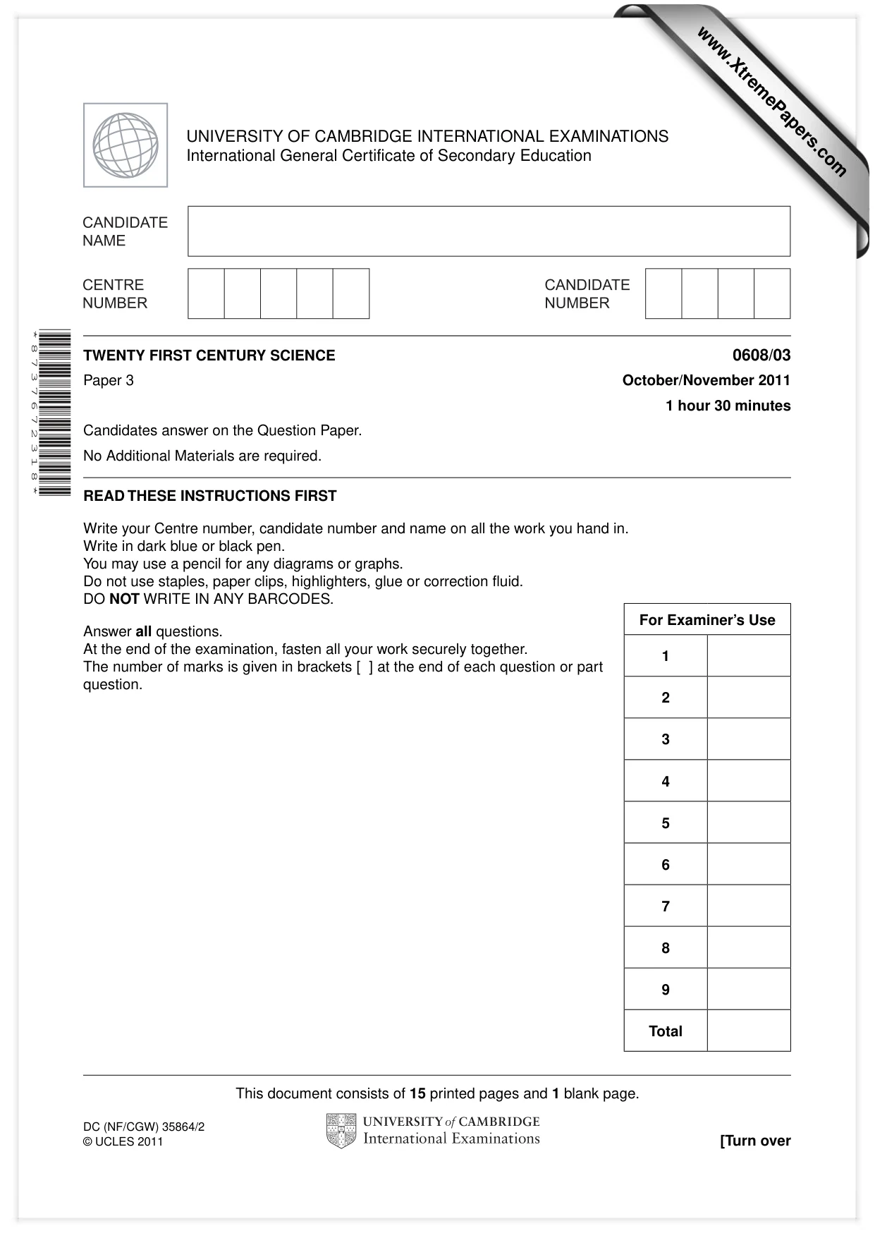 Cambridge IGCSE Twenty-First Century Science 0608 2011 Oct/Nov Paper 3 · Variant 1 question paper, page 1 of 16