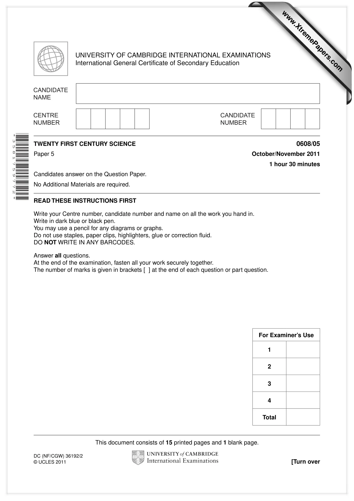Cambridge IGCSE Twenty-First Century Science 0608 2011 Oct/Nov Paper 5 · Variant 1 question paper, page 1 of 16