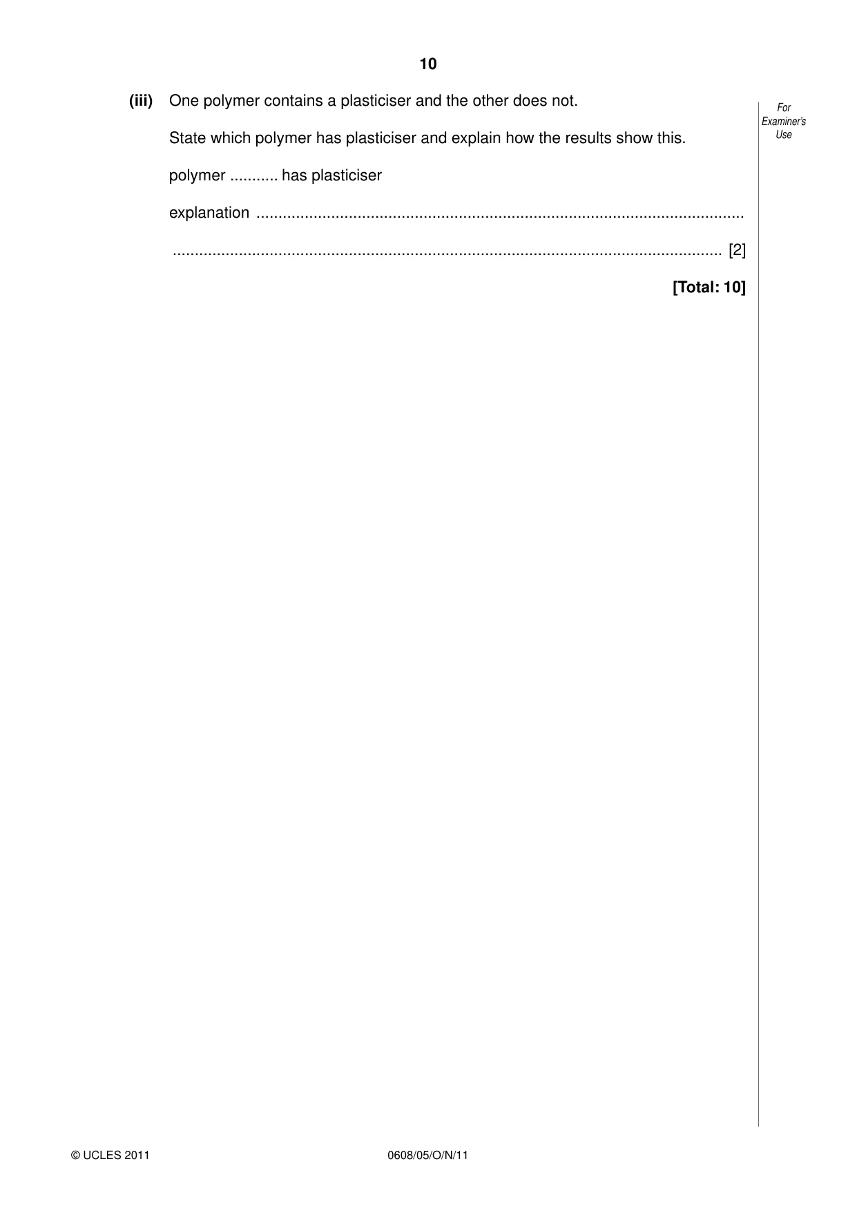 Cambridge IGCSE Twenty-First Century Science 0608 2011 Oct/Nov Paper 5 · Variant 1 question paper, page 10 of 16