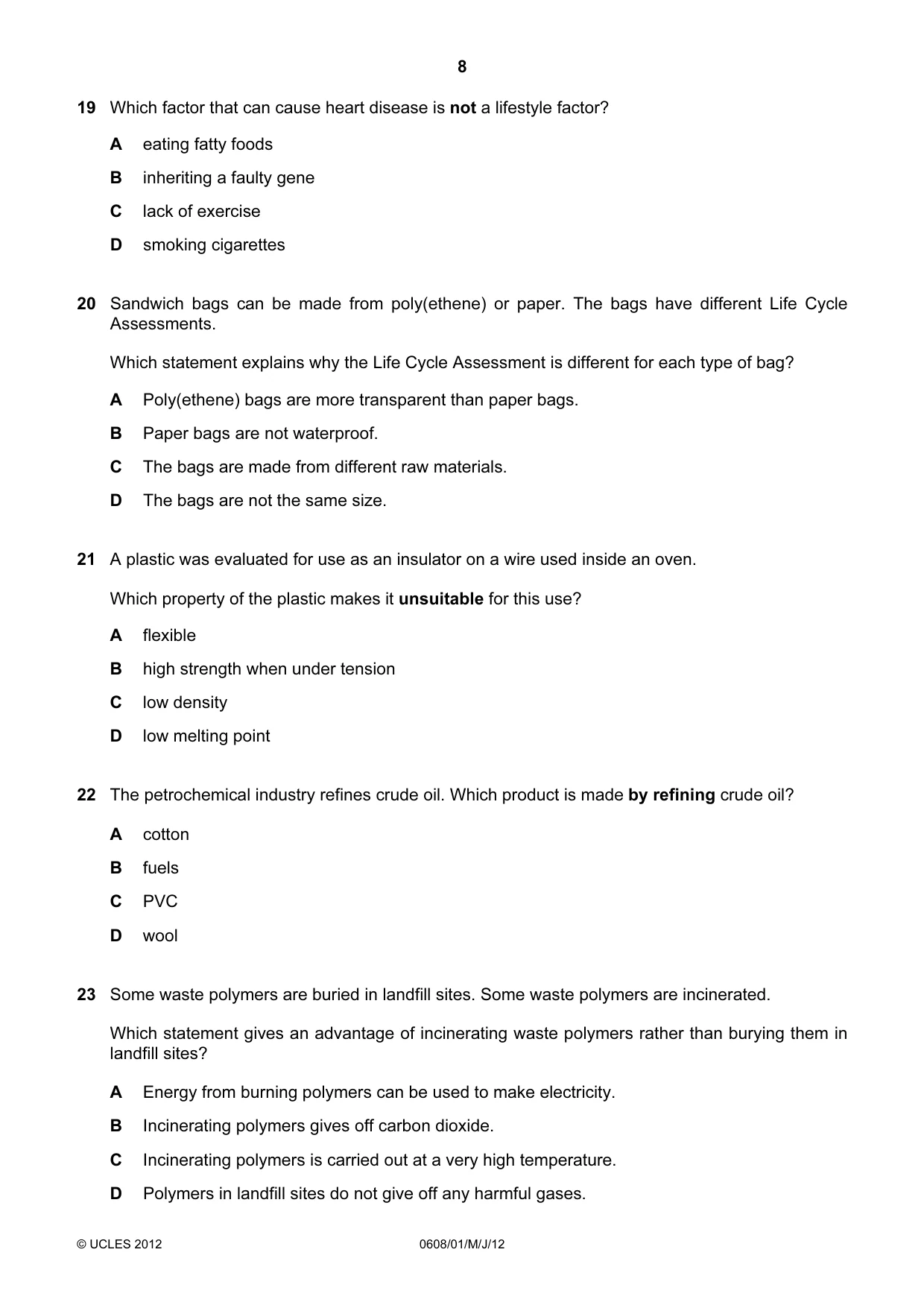 Cambridge IGCSE Twenty-First Century Science 0608 2012 May/June Paper 1 · Variant 1 question paper, page 8 of 16
