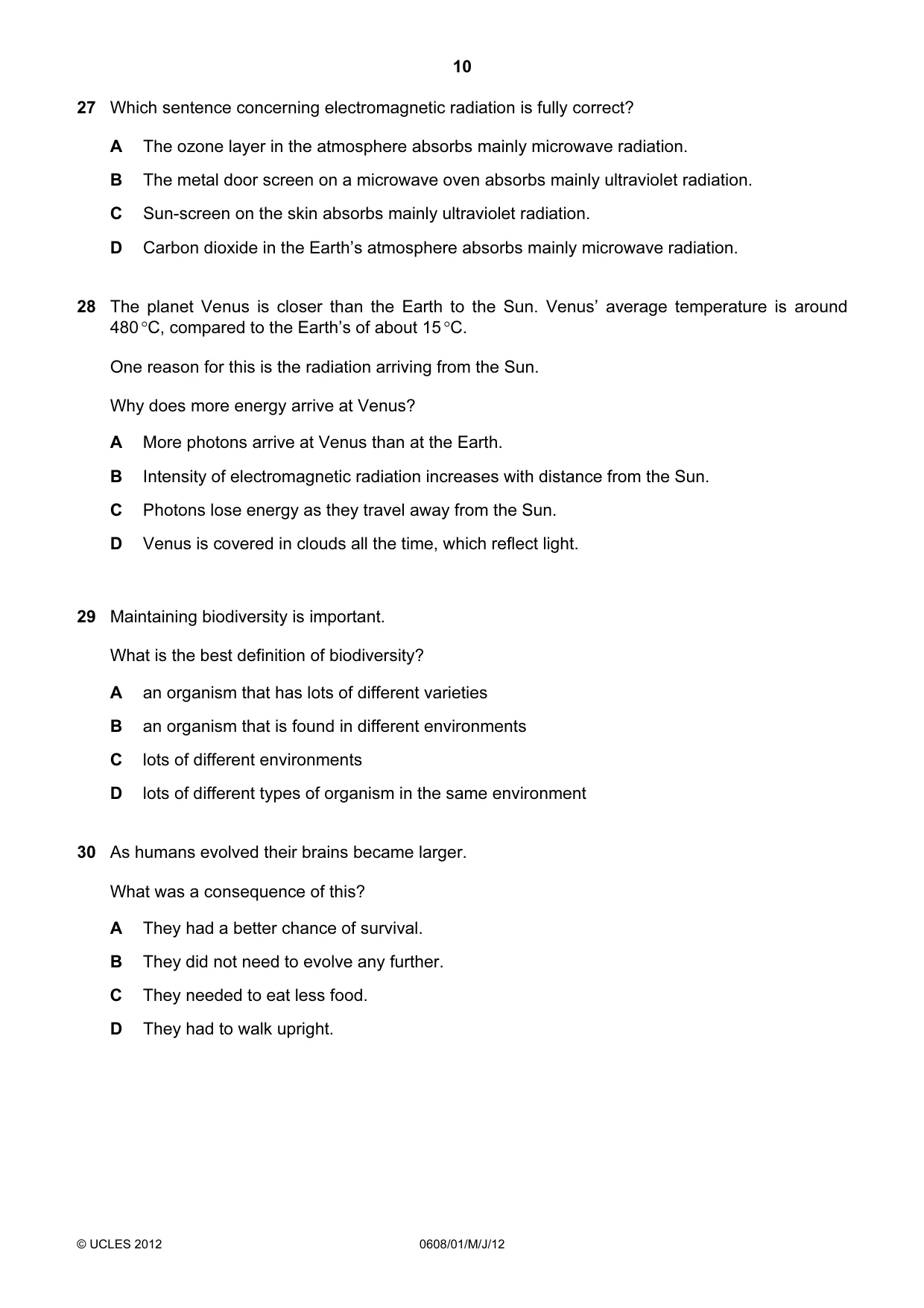 Cambridge IGCSE Twenty-First Century Science 0608 2012 May/June Paper 1 · Variant 1 question paper, page 10 of 16