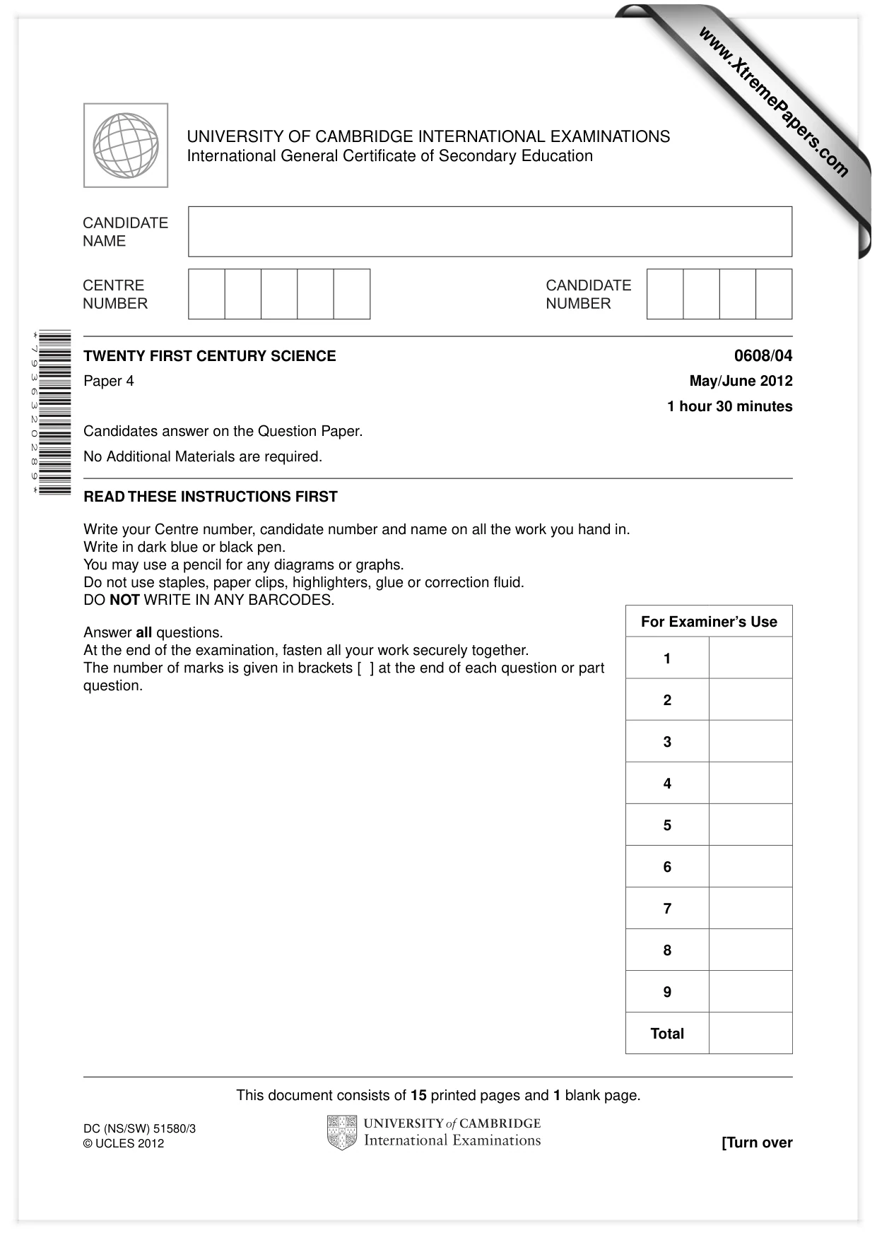 Cambridge IGCSE Twenty-First Century Science 0608 2012 May/June Paper 4 · Variant 1 question paper, page 1 of 16