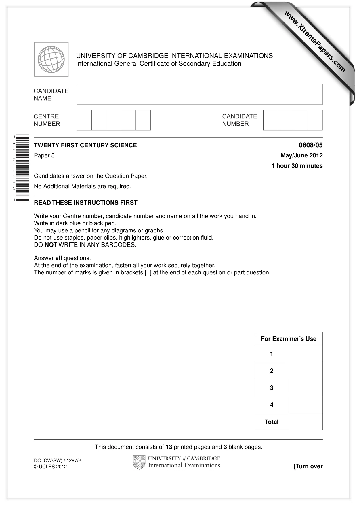 Cambridge IGCSE Twenty-First Century Science 0608 2012 May/June Paper 5 · Variant 1 question paper, page 1 of 16