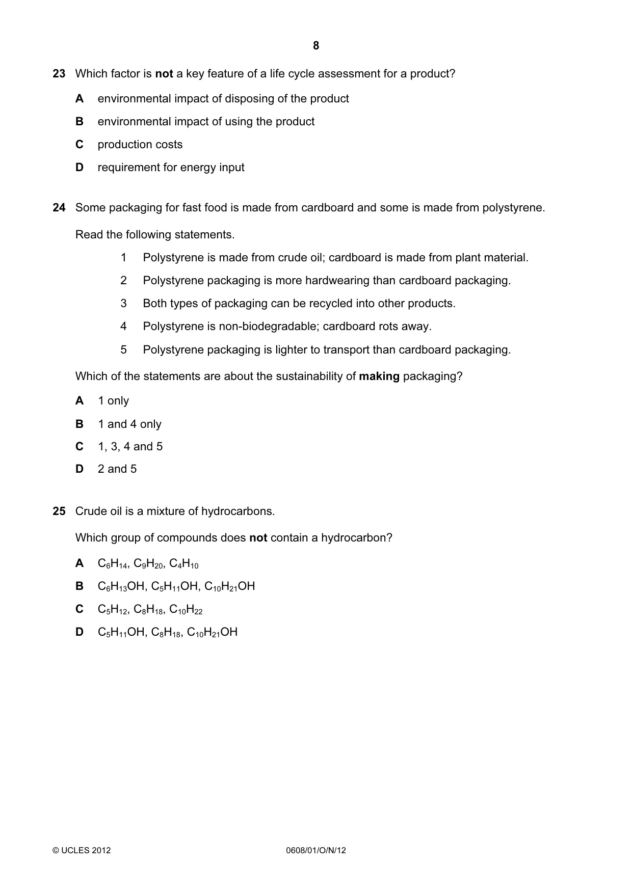 Cambridge IGCSE Twenty-First Century Science 0608 2012 Oct/Nov Paper 1 · Variant 1 question paper, page 8 of 16