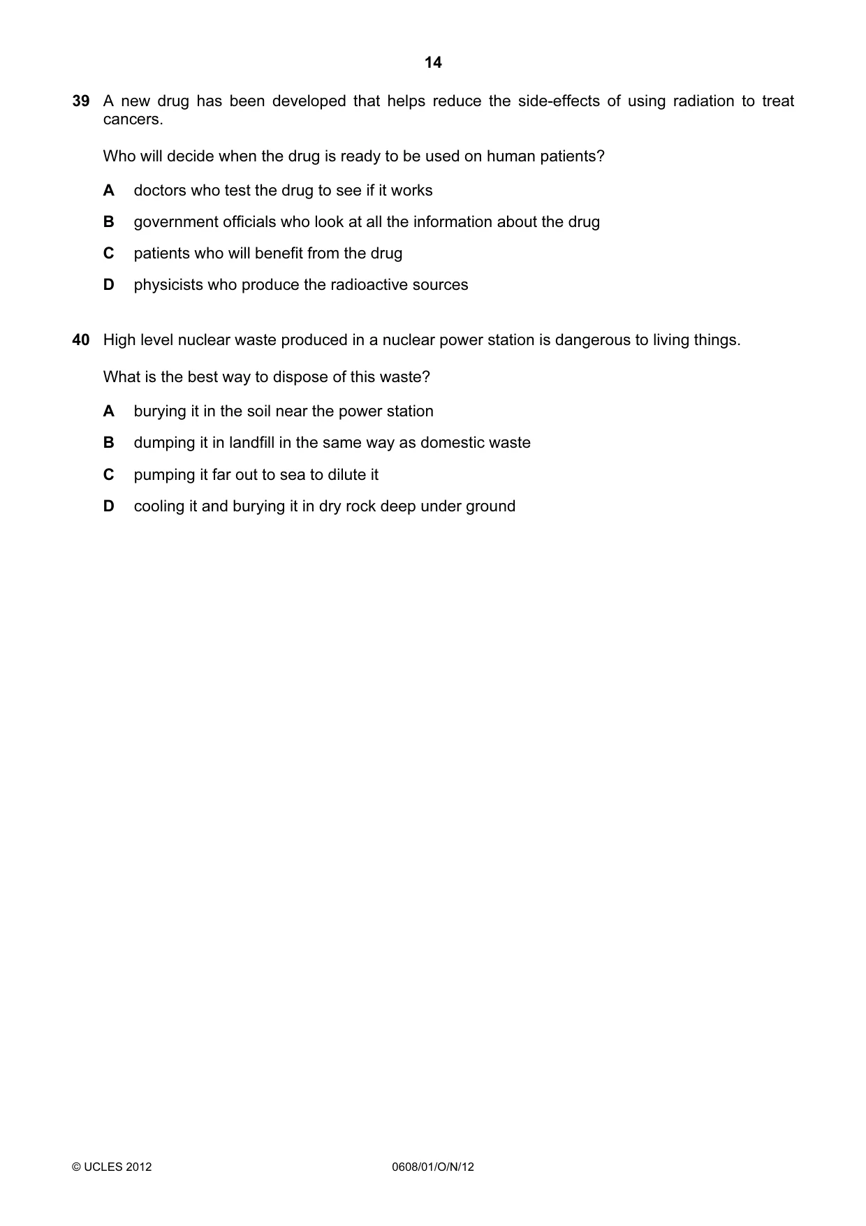 Cambridge IGCSE Twenty-First Century Science 0608 2012 Oct/Nov Paper 1 · Variant 1 question paper, page 14 of 16