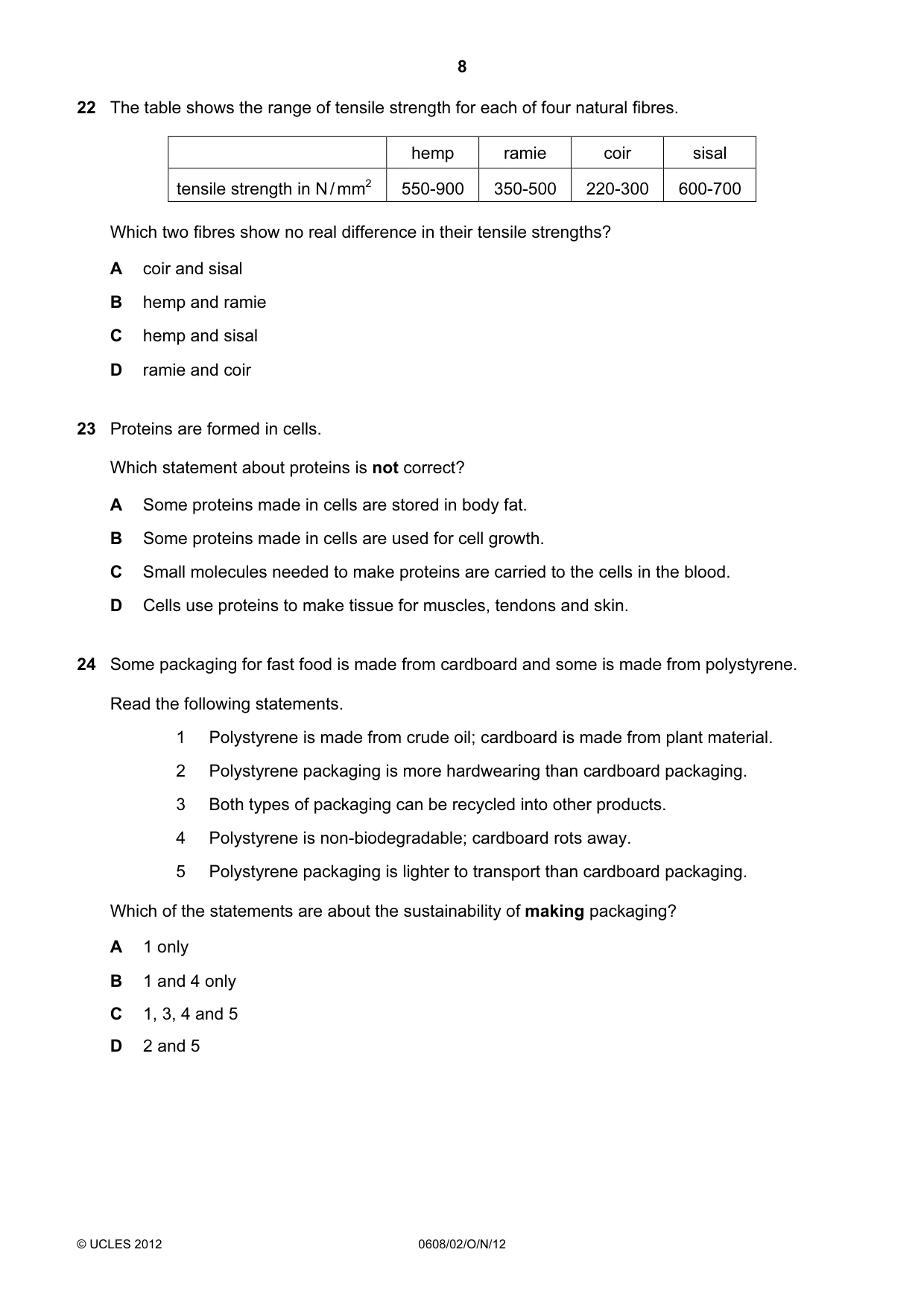 Cambridge IGCSE Twenty-First Century Science 0608 2012 Oct/Nov Paper 2 · Variant 1 question paper, page 8 of 16