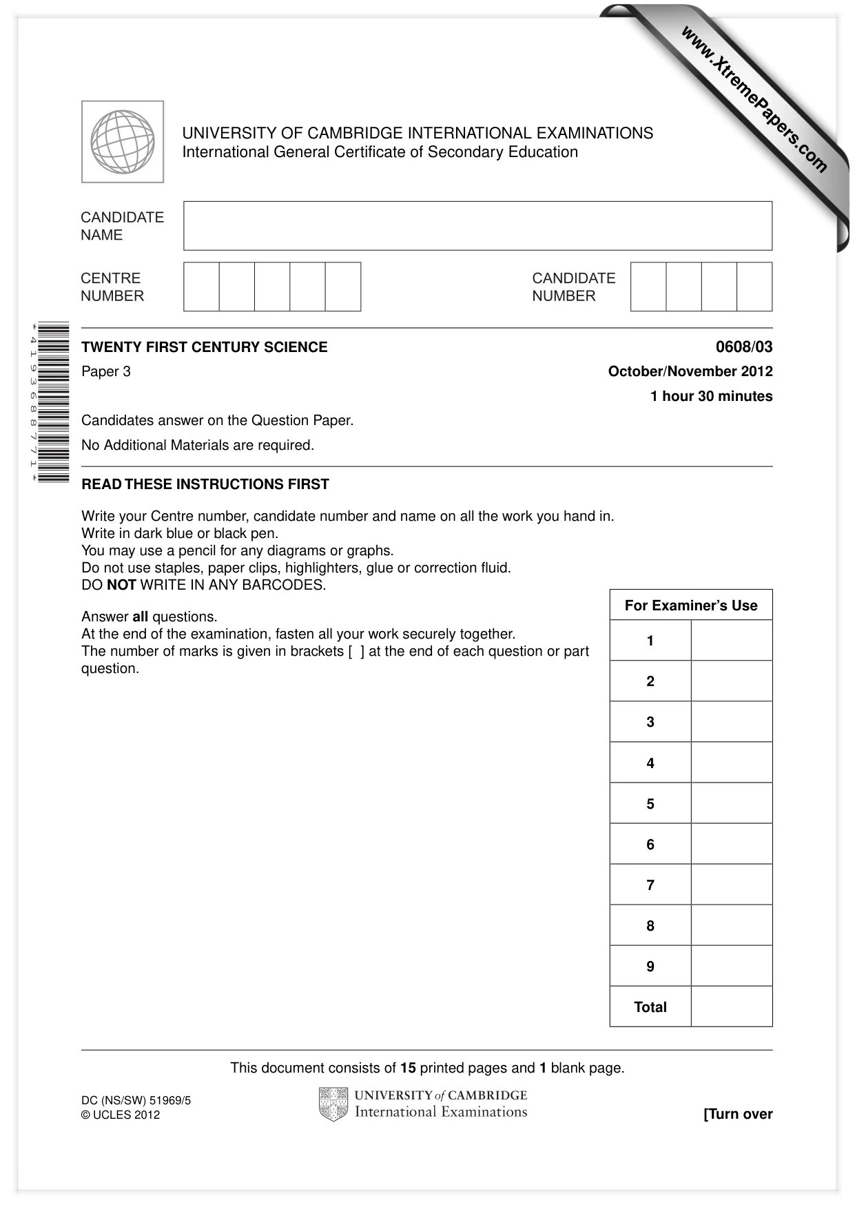 Cambridge IGCSE Twenty-First Century Science 0608 2012 Oct/Nov Paper 3 · Variant 1 question paper, page 1 of 16