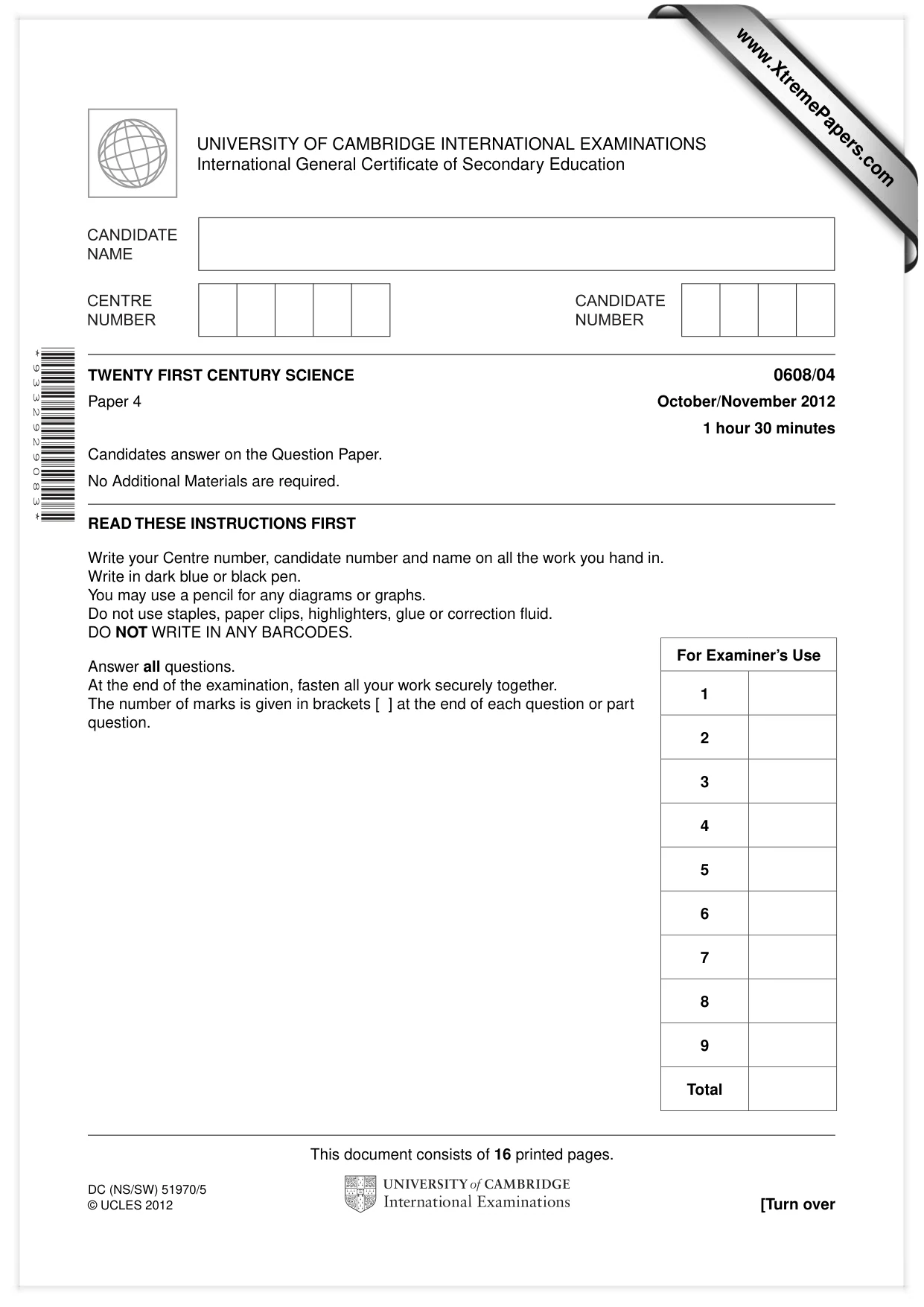 Cambridge IGCSE Twenty-First Century Science 0608 2012 Oct/Nov Paper 4 · Variant 1 question paper, page 1 of 16