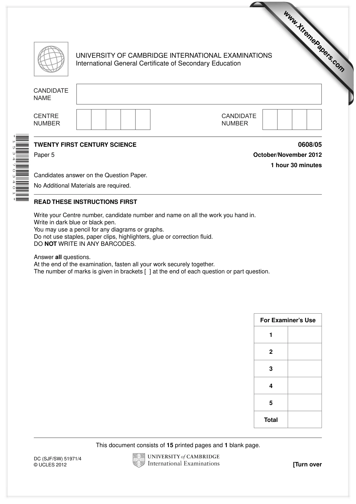 Cambridge IGCSE Twenty-First Century Science 0608 2012 Oct/Nov Paper 5 · Variant 1 question paper, page 1 of 16
