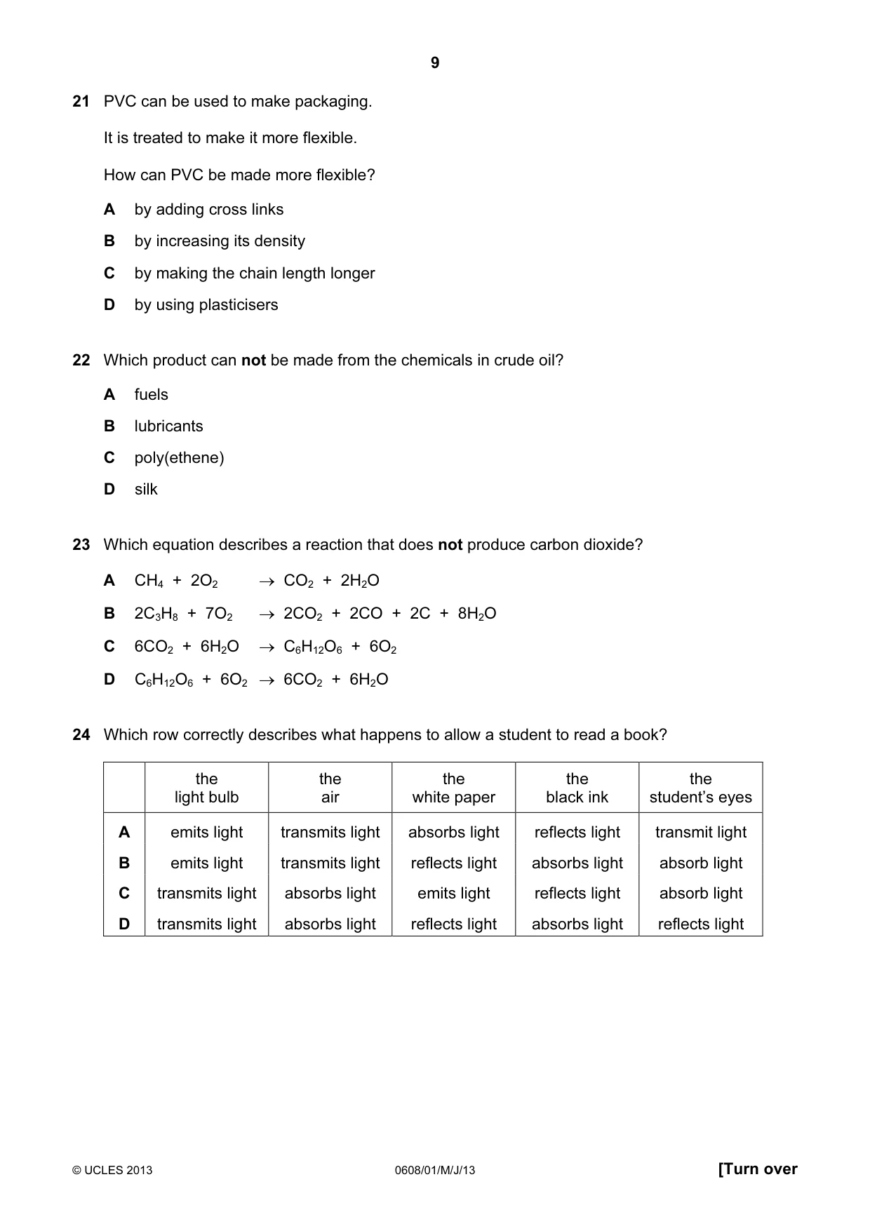 Cambridge IGCSE Twenty-First Century Science 0608 2013 May/June Paper 1 · Variant 1 question paper, page 9 of 16