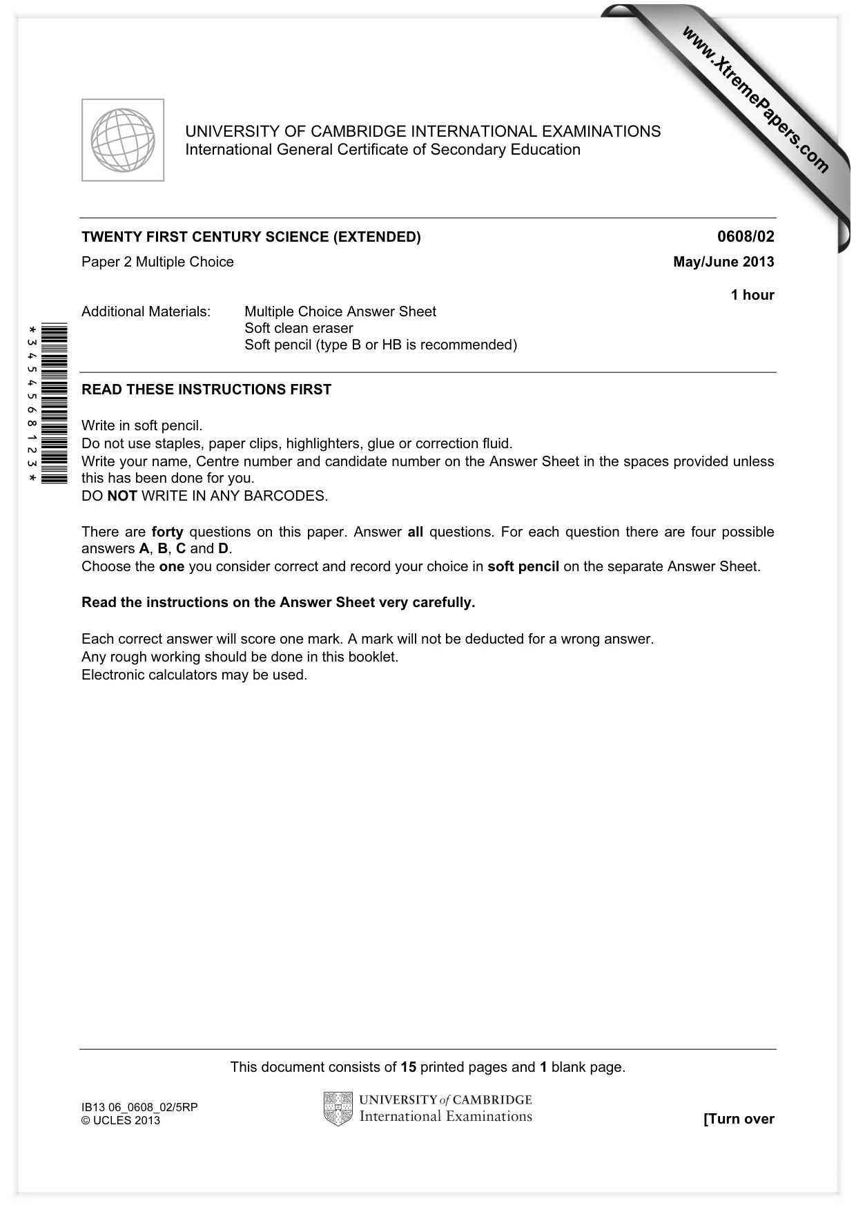 Cambridge IGCSE Twenty-First Century Science 0608 2013 May/June Paper 2 · Variant 1 question paper, page 1 of 16