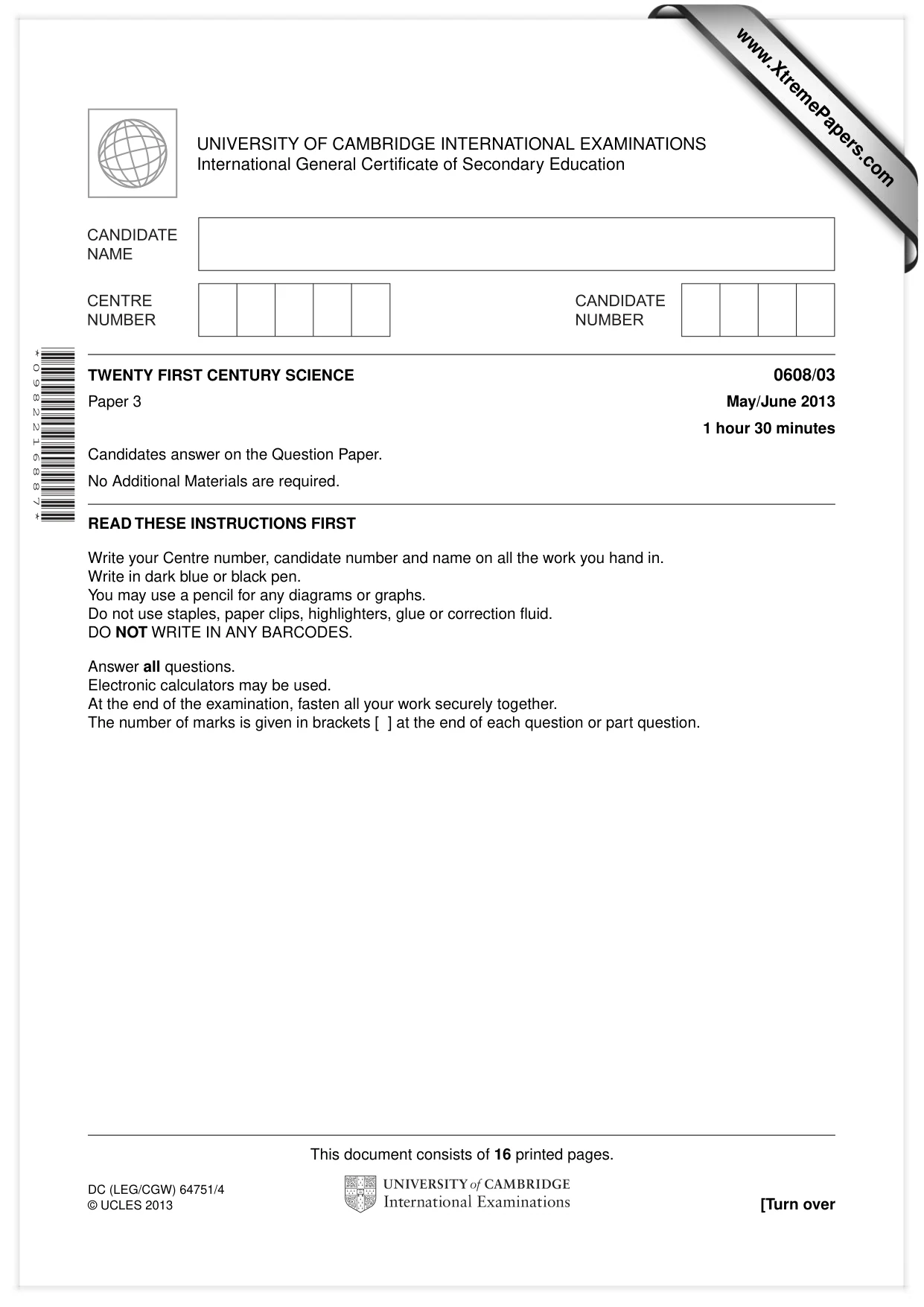Cambridge IGCSE Twenty-First Century Science 0608 2013 May/June Paper 3 · Variant 1 question paper, page 1 of 16