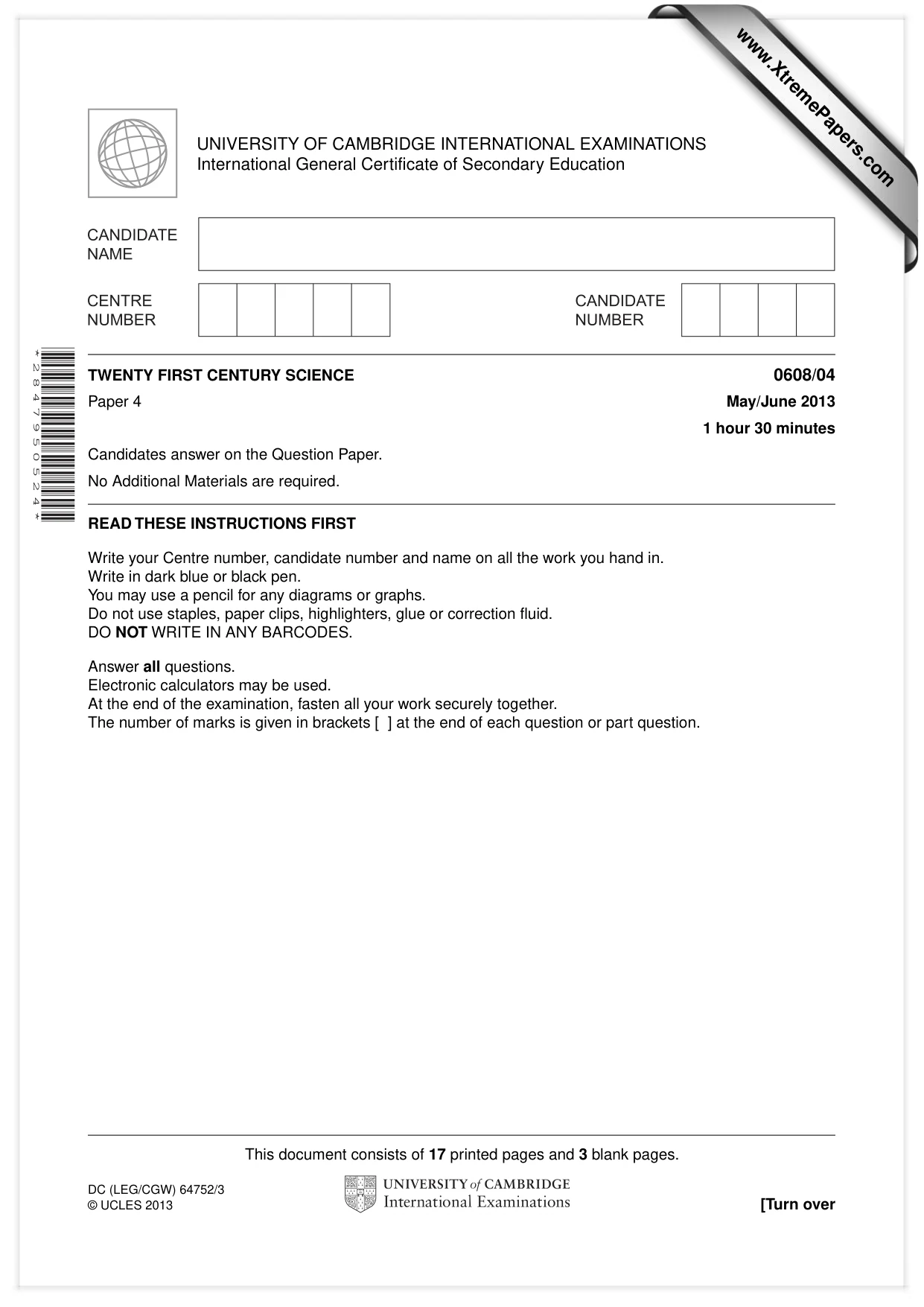 Cambridge IGCSE Twenty-First Century Science 0608 2013 May/June Paper 4 · Variant 1 question paper, page 1 of 20