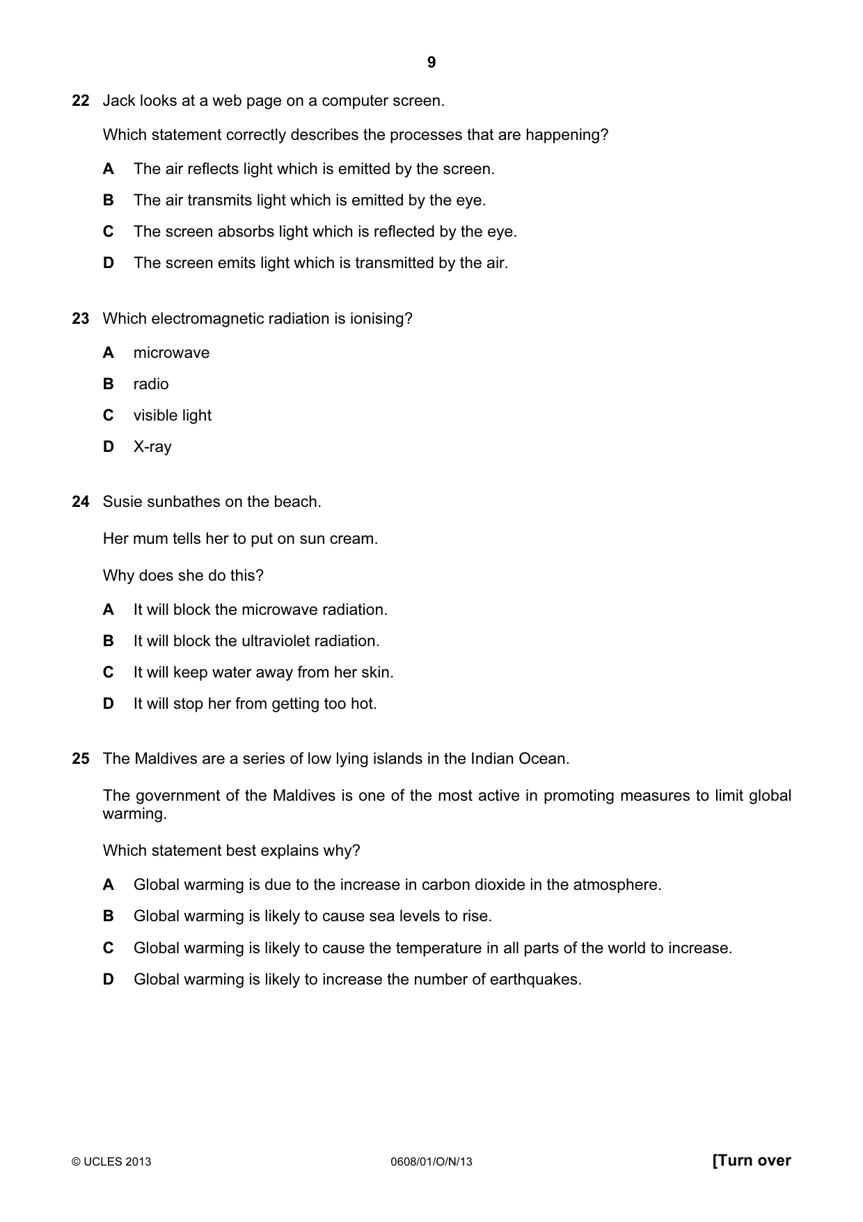 Cambridge IGCSE Twenty-First Century Science 0608 2013 Oct/Nov Paper 1 · Variant 1 question paper, page 9 of 16