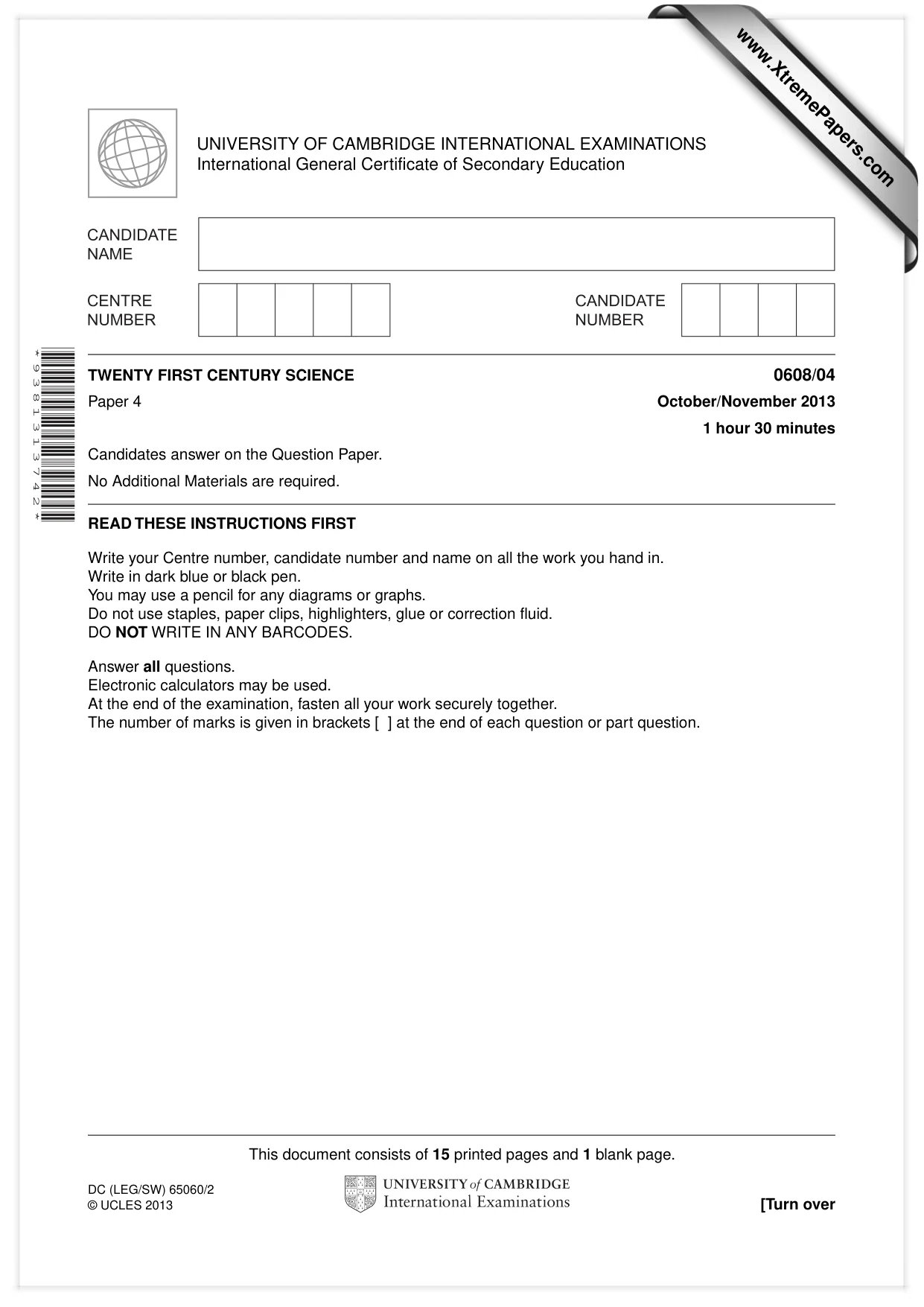 Cambridge IGCSE Twenty-First Century Science 0608 2013 Oct/Nov Paper 4 · Variant 1 question paper, page 1 of 16