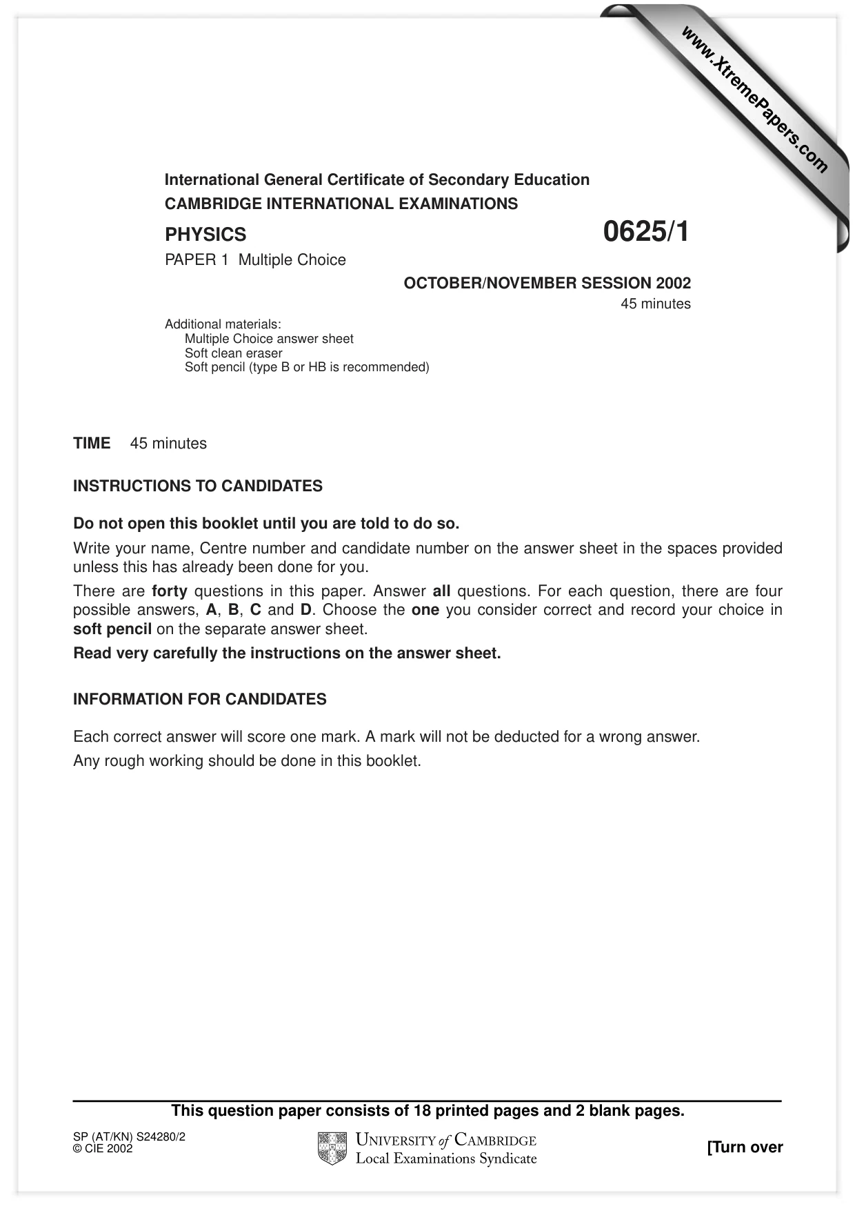 Cambridge IGCSE Physics 0625 2002 Oct/Nov Paper 1 · Variant 1 question paper, page 1 of 20