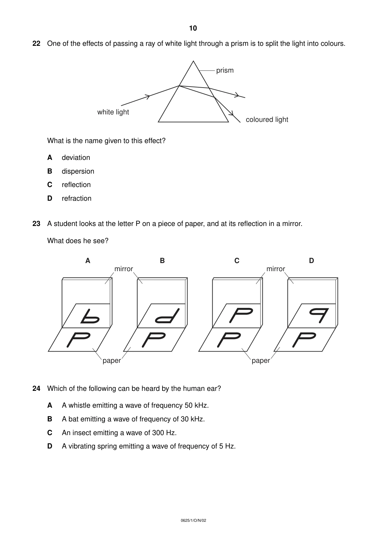 Cambridge IGCSE Physics 0625 2002 Oct/Nov Paper 1 · Variant 1 question paper, page 10 of 20