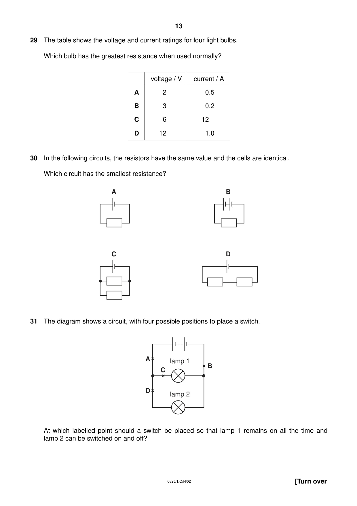 Cambridge IGCSE Physics 0625 2002 Oct/Nov Paper 1 · Variant 1 question paper, page 13 of 20