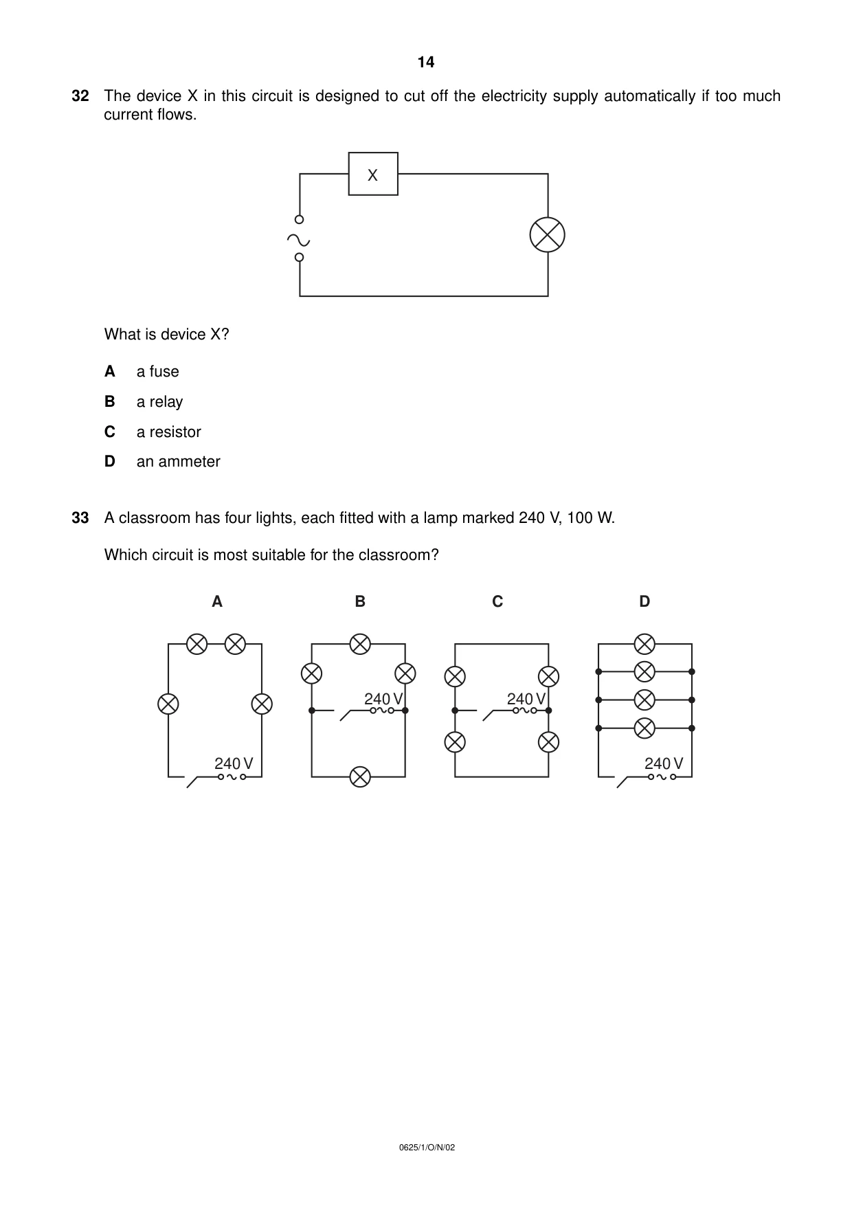 Cambridge IGCSE Physics 0625 2002 Oct/Nov Paper 1 · Variant 1 question paper, page 14 of 20