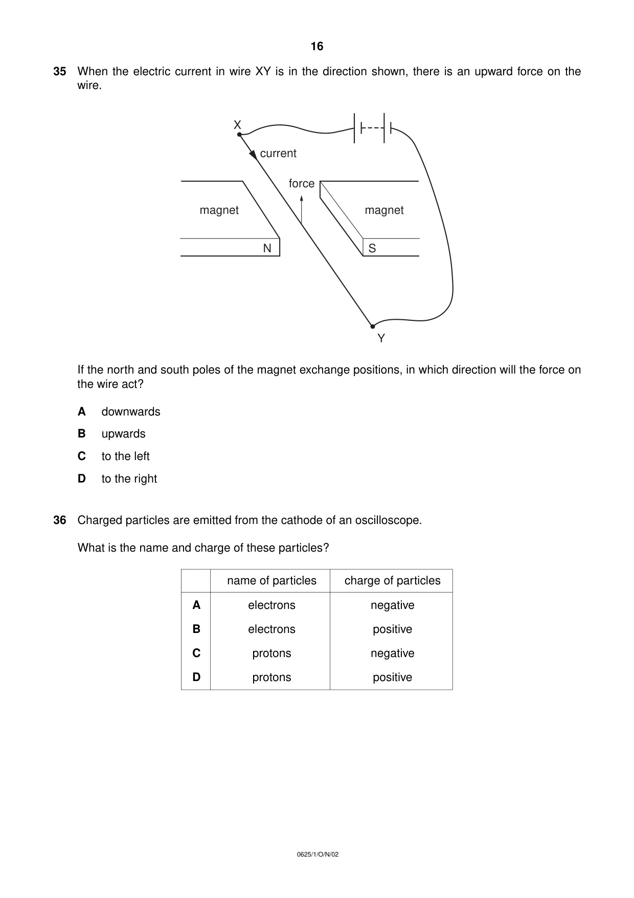 Cambridge IGCSE Physics 0625 2002 Oct/Nov Paper 1 · Variant 1 question paper, page 16 of 20