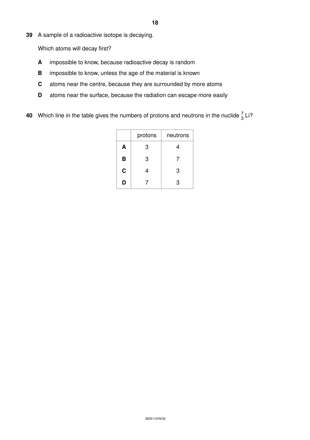 Cambridge IGCSE Physics 0625 2002 Oct/Nov Paper 1 · Variant 1 question paper, page 18 of 20