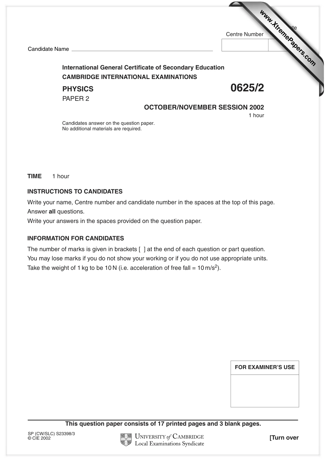 Cambridge IGCSE Physics 0625 2002 Oct/Nov Paper 2 · Variant 1 question paper, page 1 of 20