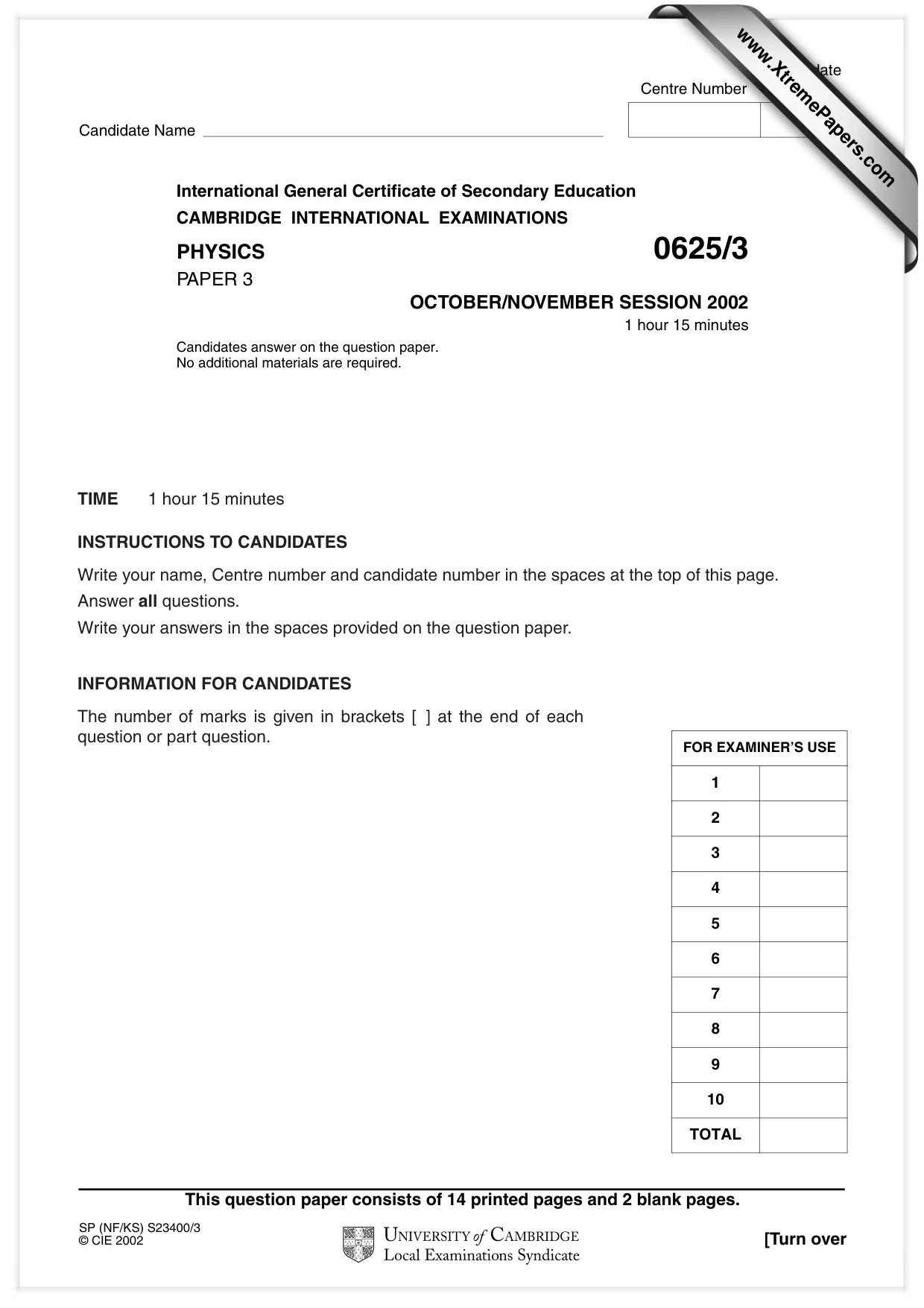Cambridge IGCSE Physics 0625 2002 Oct/Nov Paper 3 · Variant 1 question paper, page 1 of 16