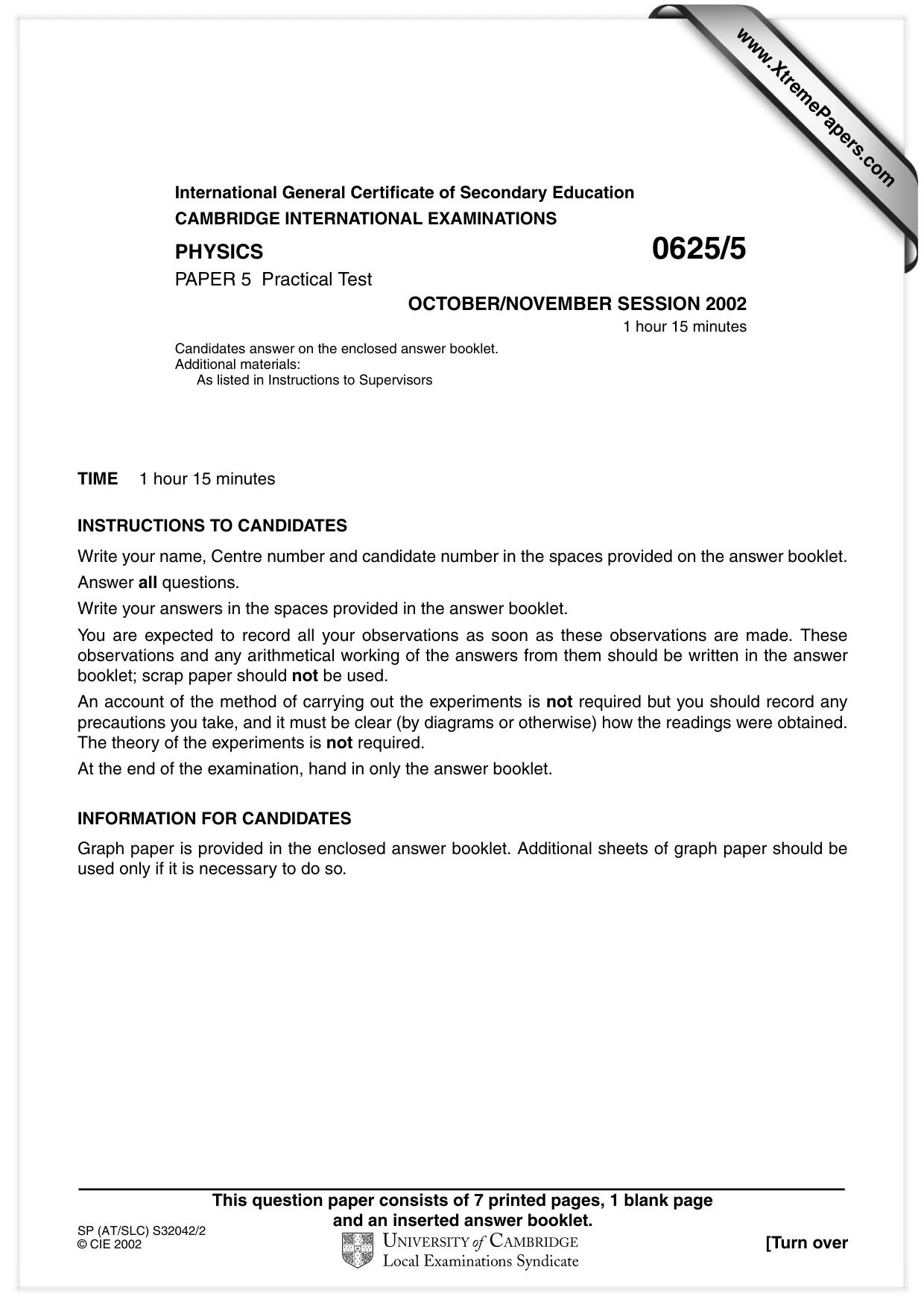 Cambridge IGCSE Physics 0625 2002 Oct/Nov Paper 5 · Variant 1 question paper, page 1 of 16