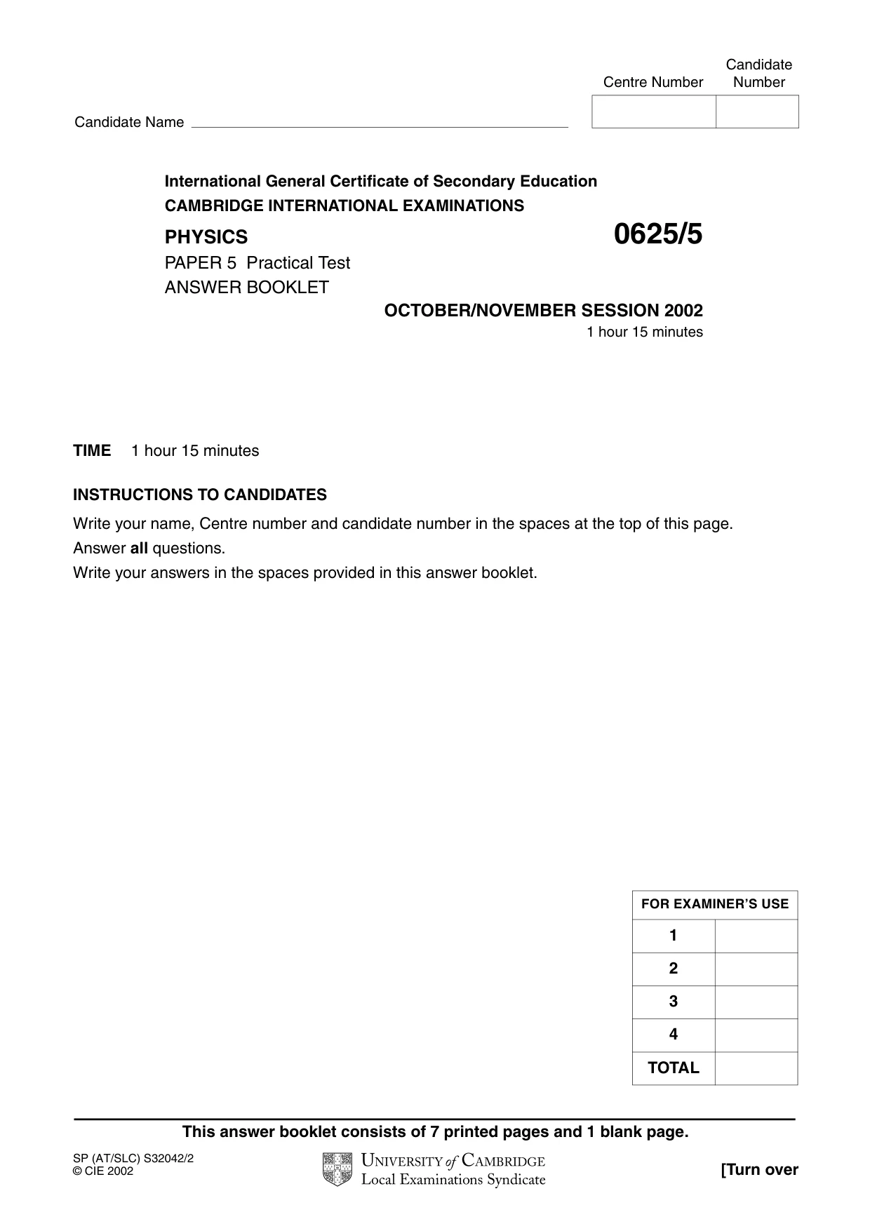Cambridge IGCSE Physics 0625 2002 Oct/Nov Paper 5 · Variant 1 question paper, page 9 of 16