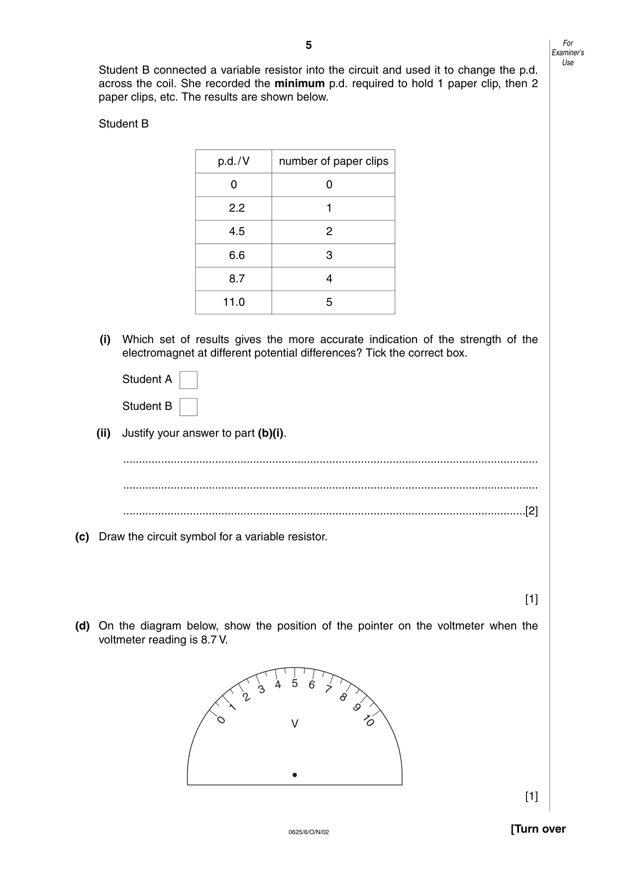 Cambridge IGCSE Physics 0625 2002 Oct/Nov Paper 6 · Variant 1 question paper, page 5 of 12