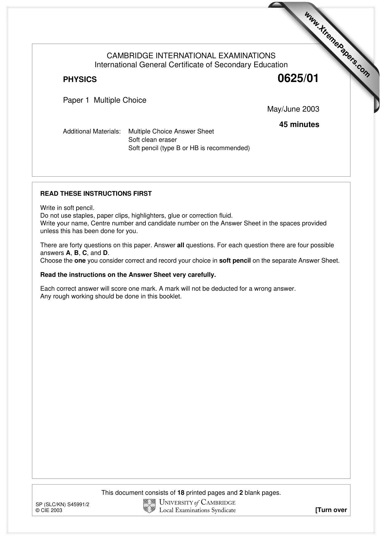 Cambridge IGCSE Physics 0625 2003 May/June Paper 1 · Variant 1 question paper, page 1 of 20