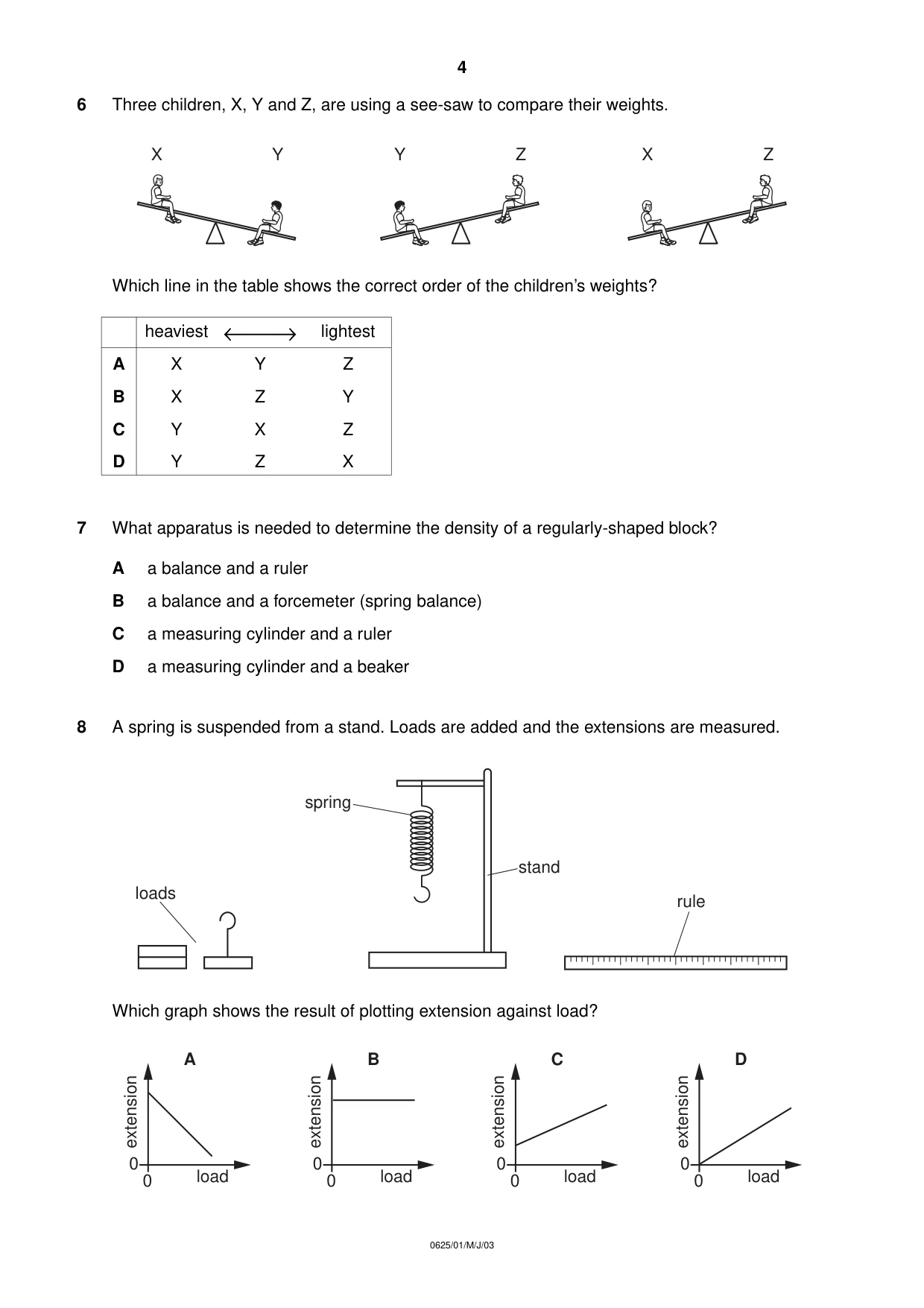 Cambridge IGCSE Physics 0625 2003 May/June Paper 1 · Variant 1 question paper, page 4 of 20