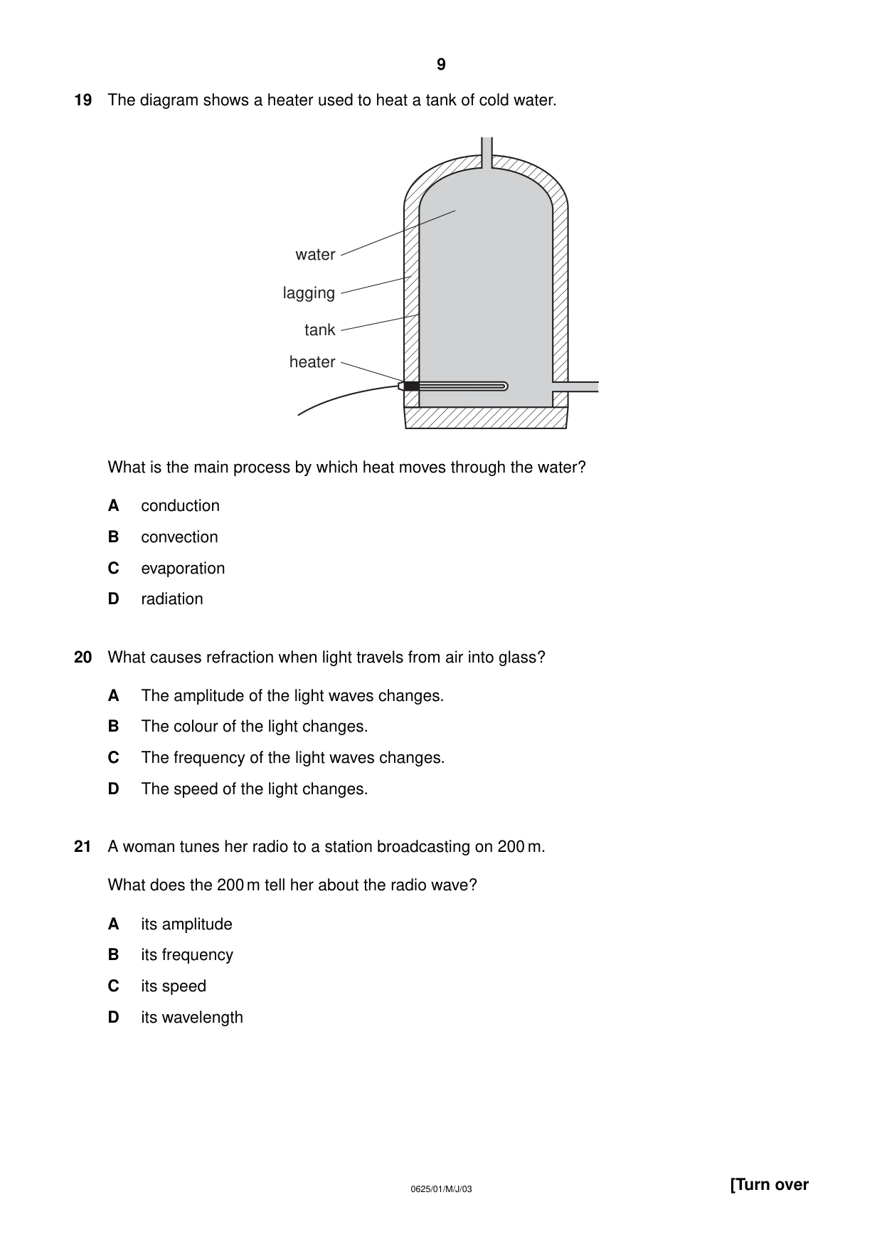 Cambridge IGCSE Physics 0625 2003 May/June Paper 1 · Variant 1 question paper, page 9 of 20