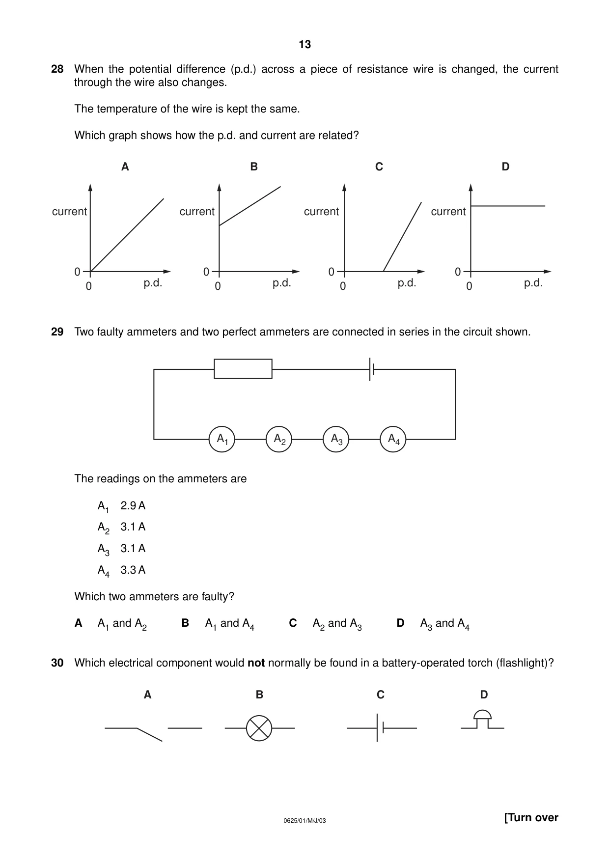 Cambridge IGCSE Physics 0625 2003 May/June Paper 1 · Variant 1 question paper, page 13 of 20