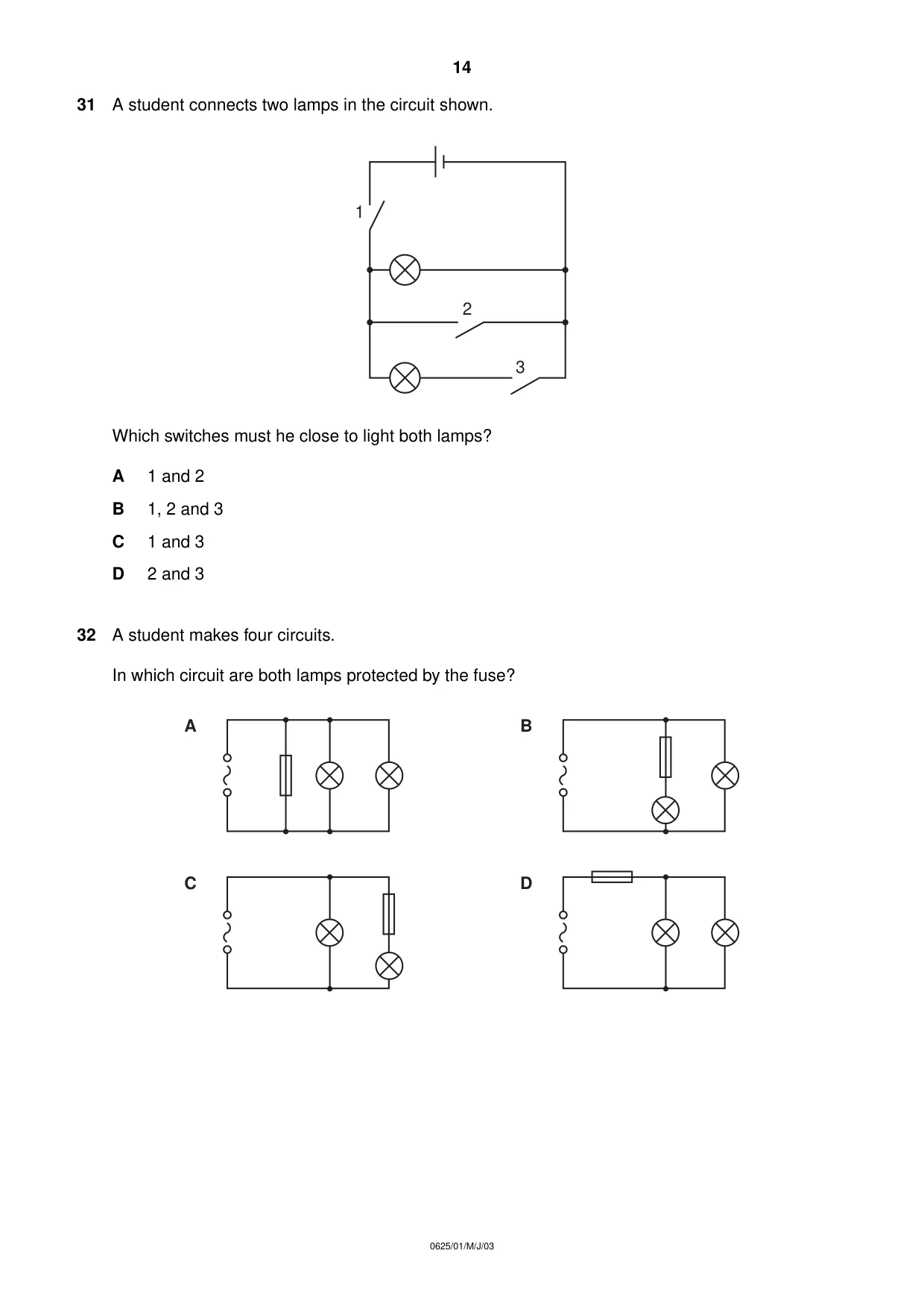Cambridge IGCSE Physics 0625 2003 May/June Paper 1 · Variant 1 question paper, page 14 of 20