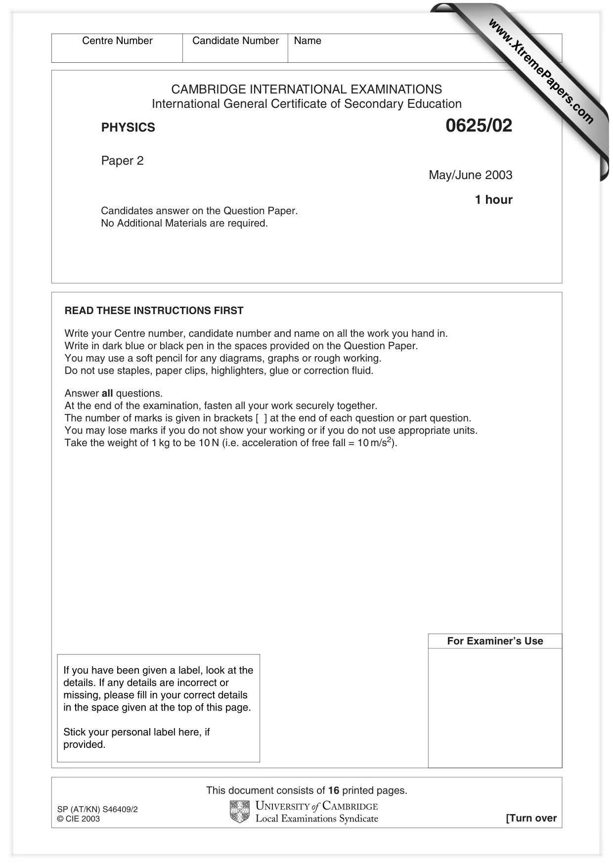 Cambridge IGCSE Physics 0625 2003 May/June Paper 2 · Variant 1 question paper, page 1 of 16