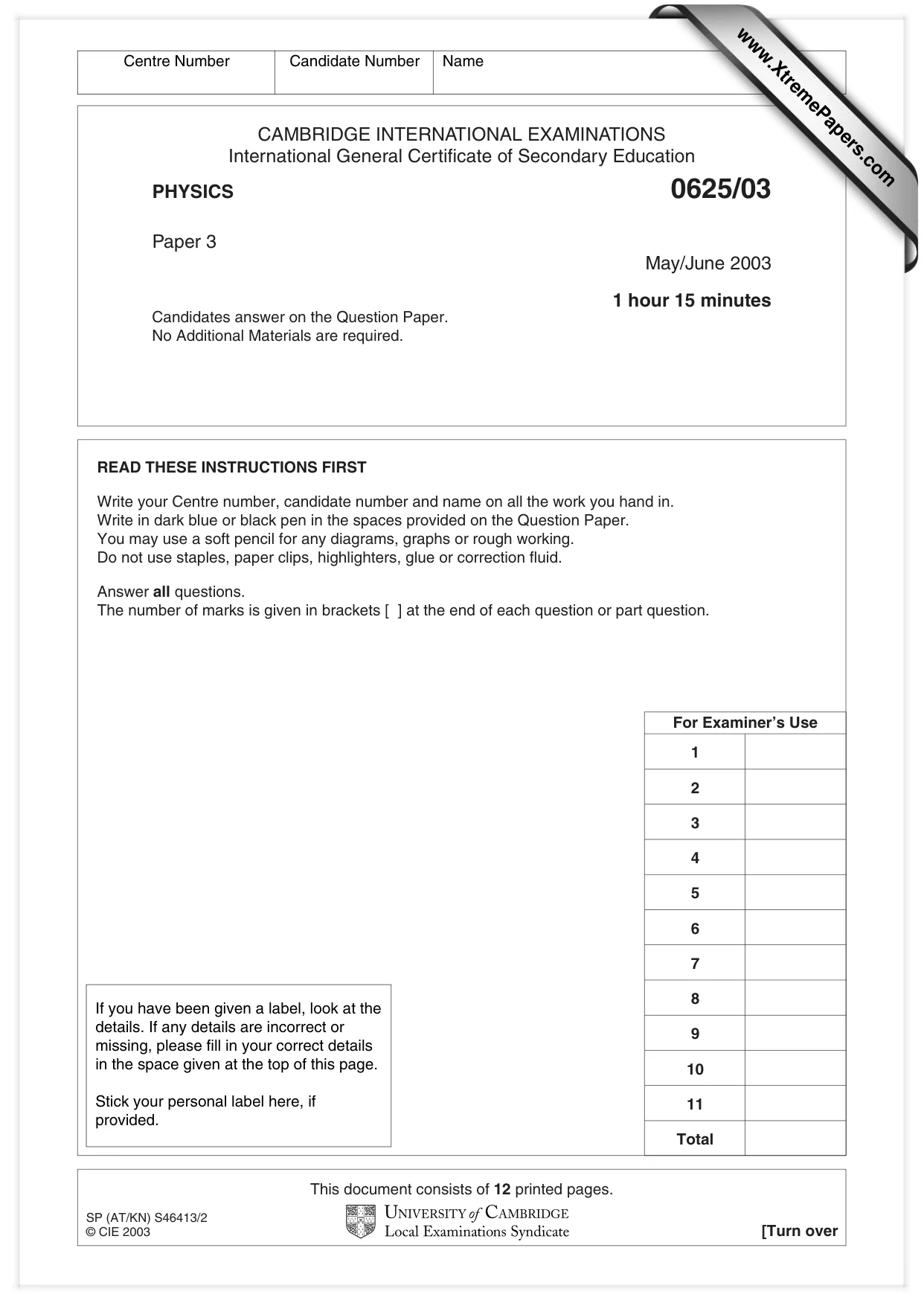 Cambridge IGCSE Physics 0625 2003 May/June Paper 3 · Variant 1 question paper, page 1 of 12