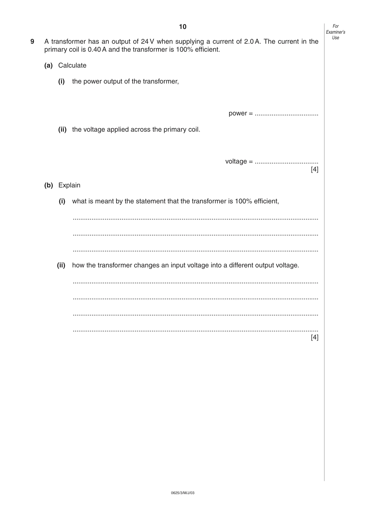 Cambridge IGCSE Physics 0625 2003 May/June Paper 3 · Variant 1 question paper, page 10 of 12