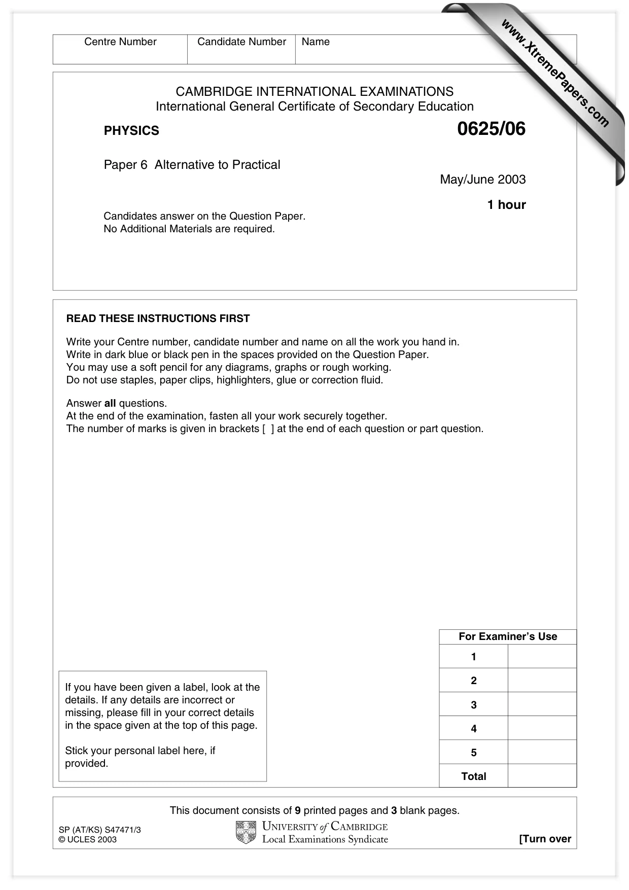 Cambridge IGCSE Physics 0625 2003 May/June Paper 6 · Variant 1 question paper, page 1 of 12