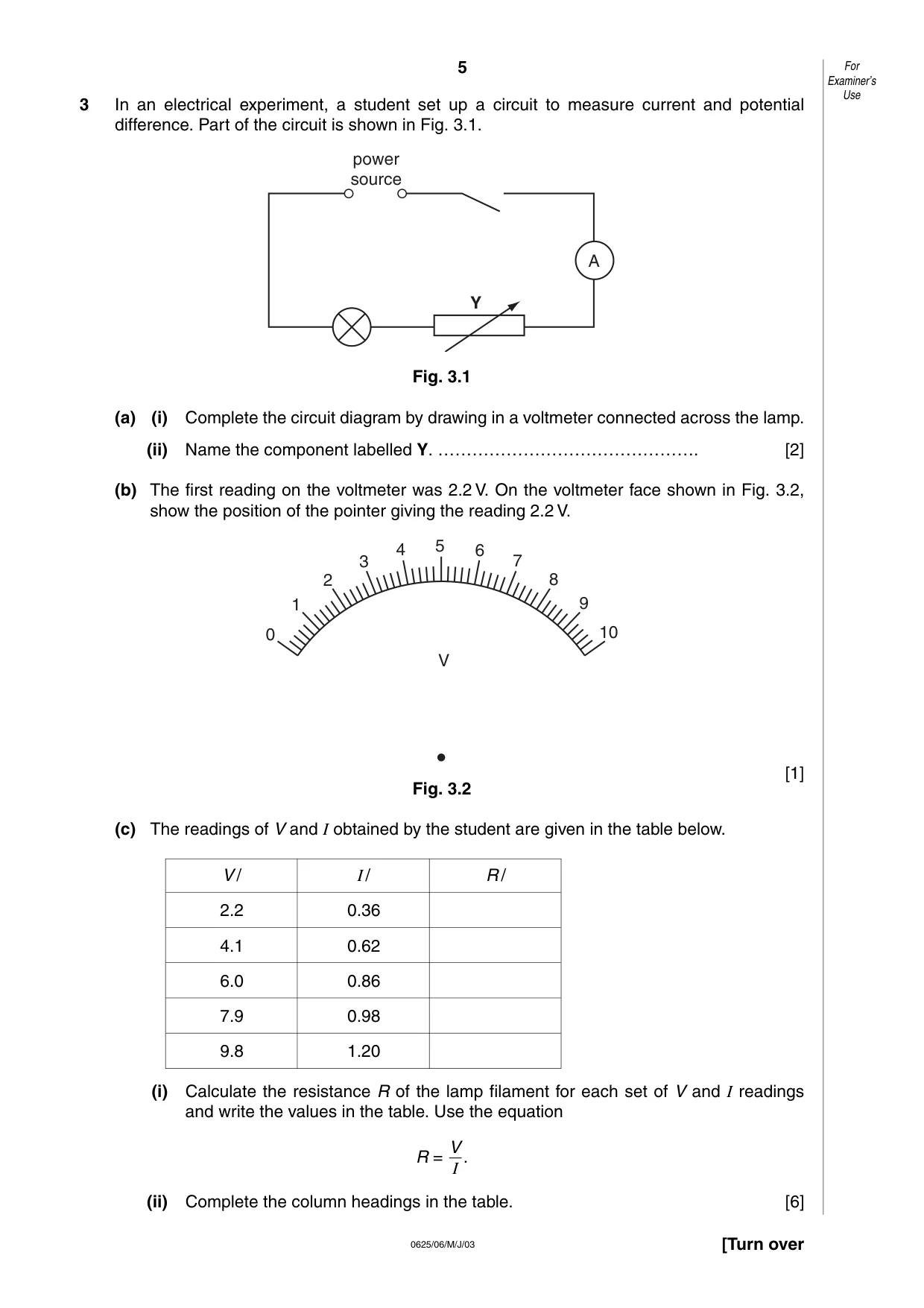 Cambridge IGCSE Physics 0625 2003 May/June Paper 6 · Variant 1 question paper, page 5 of 12