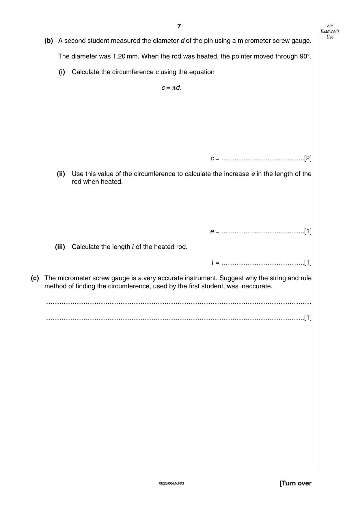 Cambridge IGCSE Physics 0625 2003 May/June Paper 6 · Variant 1 question paper, page 7 of 12