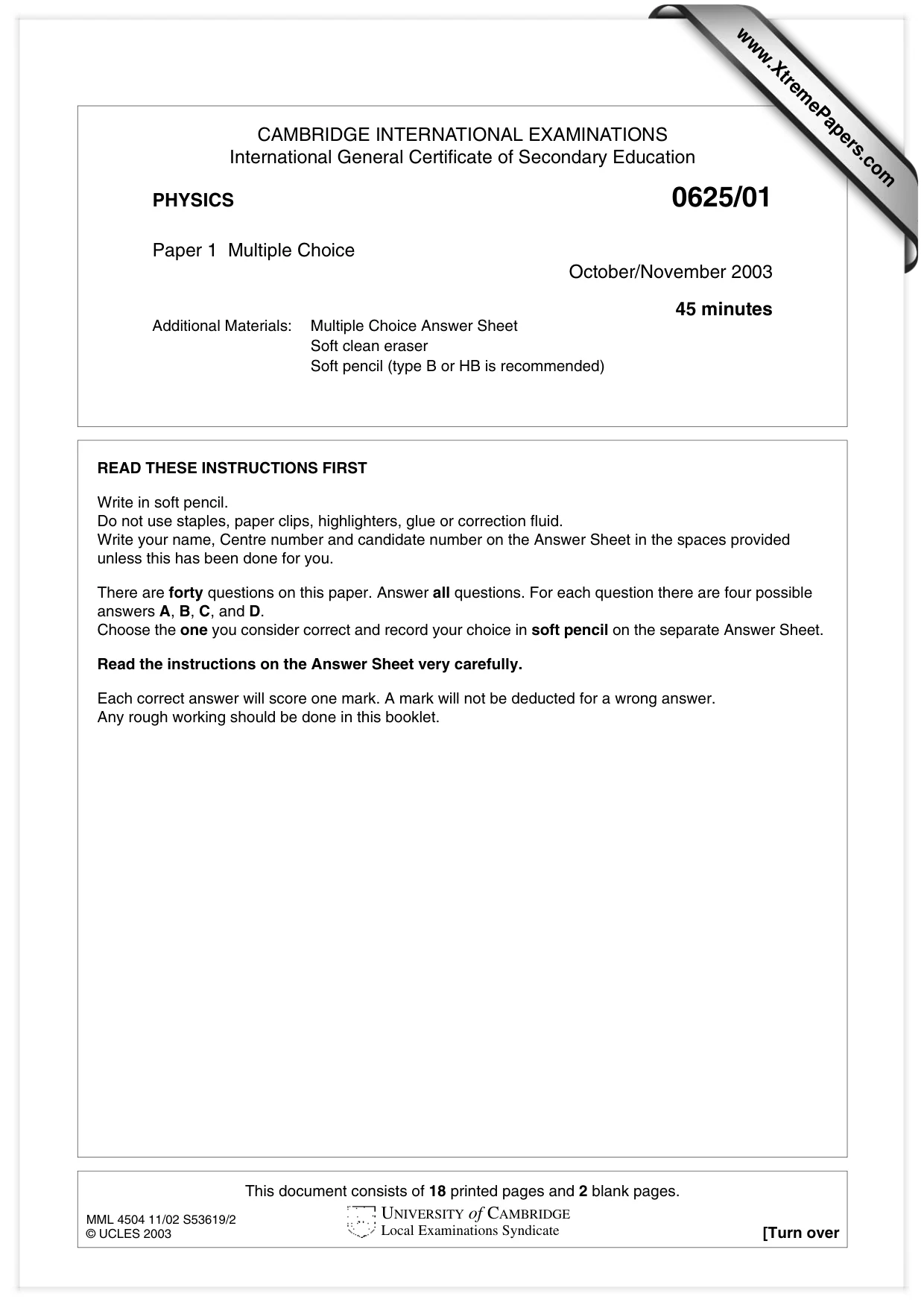 Cambridge IGCSE Physics 0625 2003 Oct/Nov Paper 1 · Variant 1 question paper, page 1 of 20