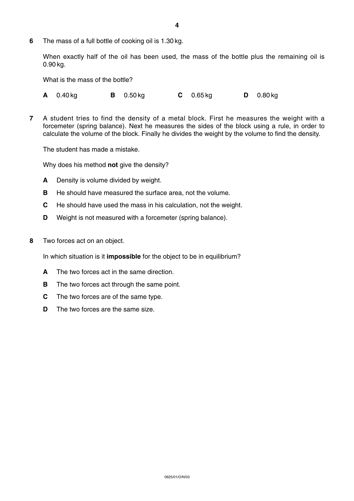 Cambridge IGCSE Physics 0625 2003 Oct/Nov Paper 1 · Variant 1 question paper, page 4 of 20