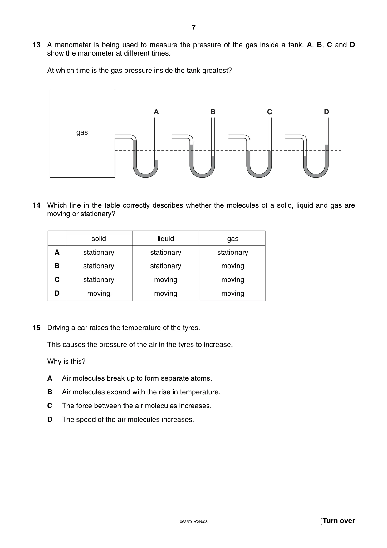 Cambridge IGCSE Physics 0625 2003 Oct/Nov Paper 1 · Variant 1 question paper, page 7 of 20